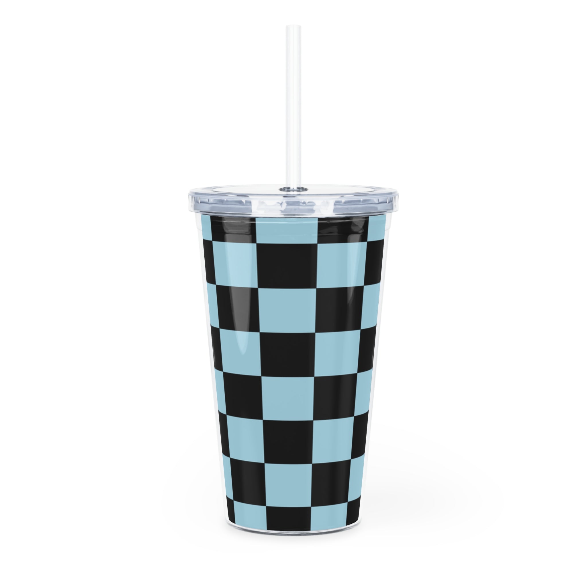 Checkerboard Black and Blue Plastic Tumbler with Straw, Artsulli - Art is Long, Life is Short, Mug, , , , , , , 