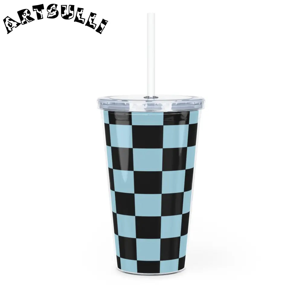 JAKKOUTTHEBXX Checkerboard Black and Blue Plastic Tumbler with Straw