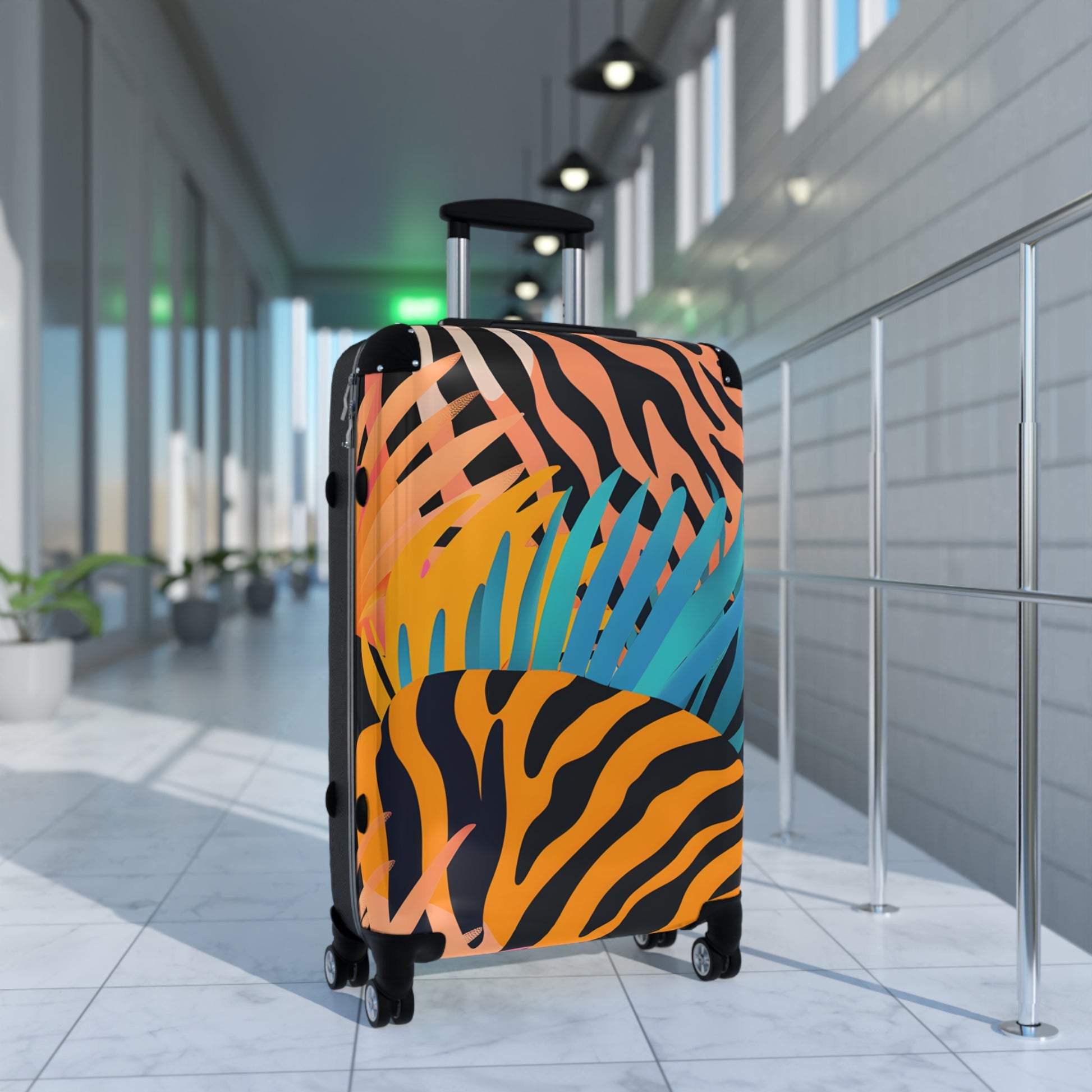 Palm Leaves x Zebra Stripes x Tiger Stripes Orange and Blue Suitcase, Artsulli - Art is Long, Life is Short, Bags, , , , , , , 