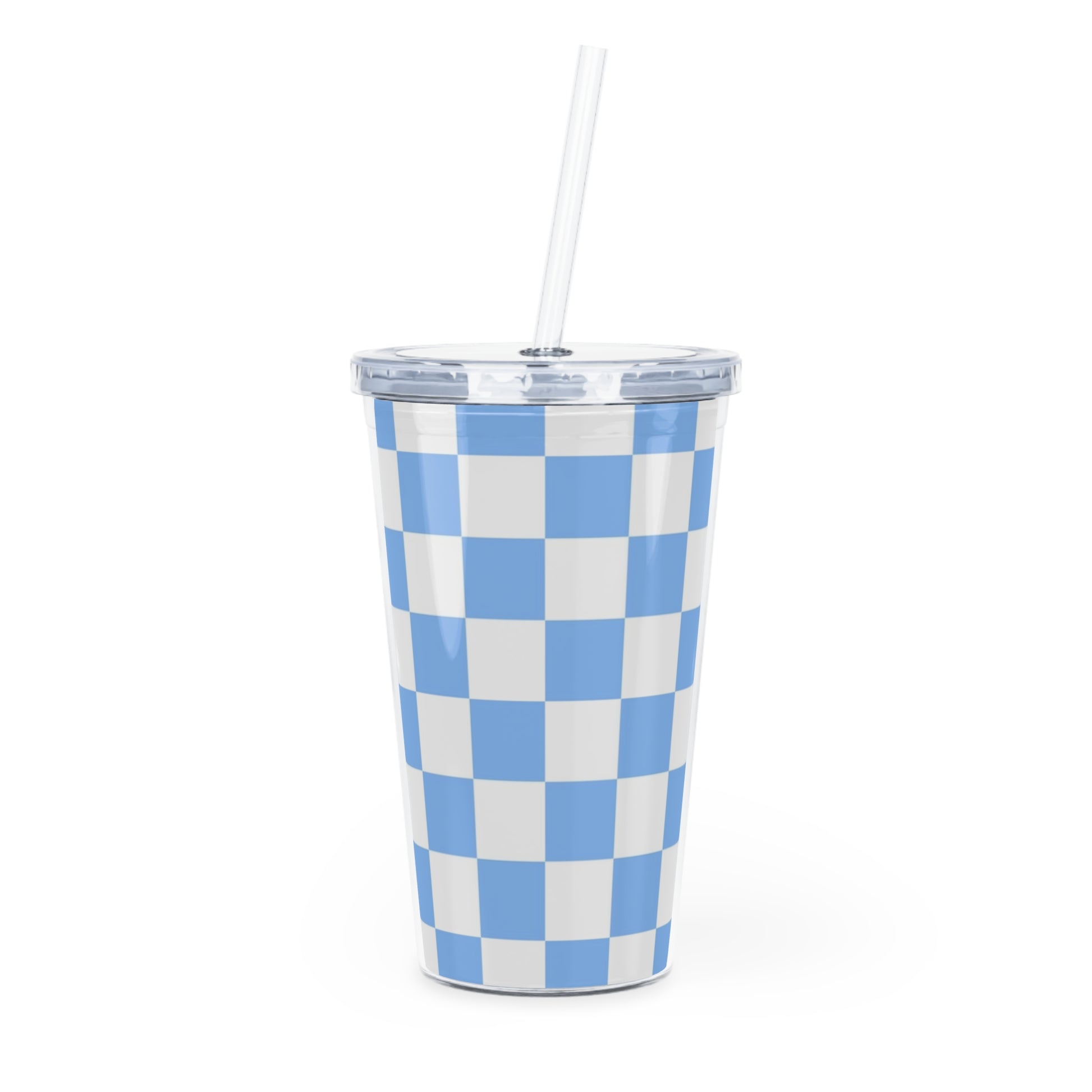 Checkerboard White and Light Blue Plastic Tumbler with Straw, Artsulli - Art is Long, Life is Short, Mug, Size, 20oz, Color, Transparent, , , 26738753137368937697