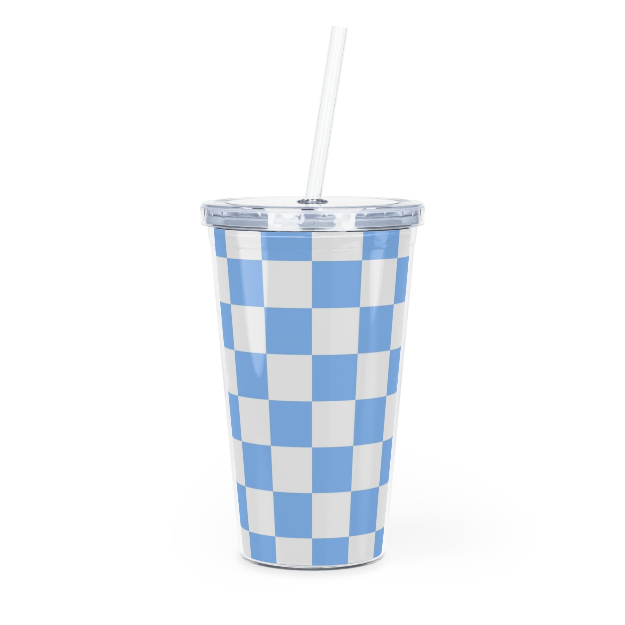 Checkerboard White and Light Blue Plastic Tumbler with Straw, Artsulli - Art is Long, Life is Short, Mug, Size, 20oz, Color, Transparent, , , 26738753137368937697