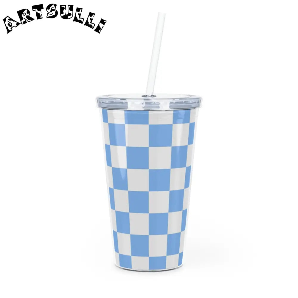 JAKKOUTTHEBXX Checkerboard White and Light Blue Plastic Tumbler