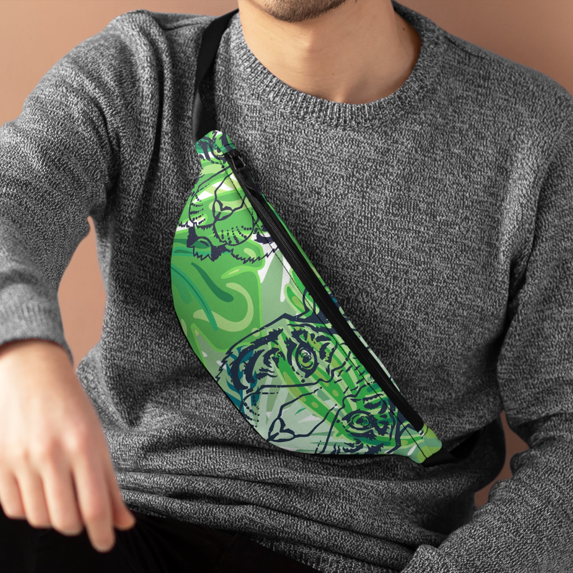 Tropical Jungle Tigers Green Fanny Pack, Artsulli - Art is Long, Life is Short, Bags, , , , , , , 