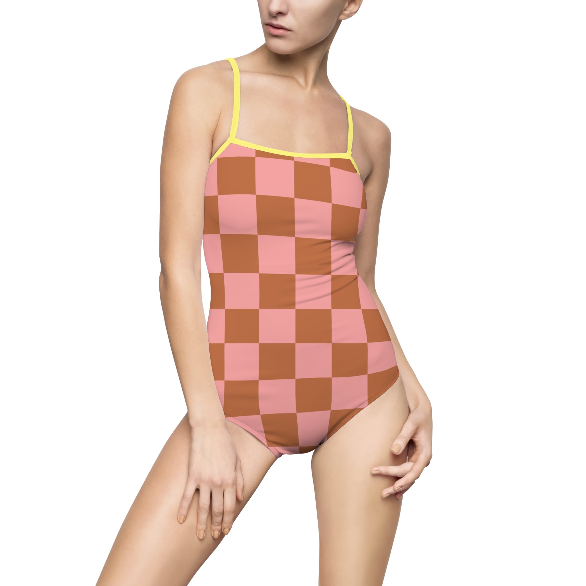 Chessboard Pink and Brown Women's One-piece Swimsuit (AOP), Artsulli - Art is Long, Life is Short, All Over Prints, Size, XS, Color, Yellow, , , 56816315084908286951