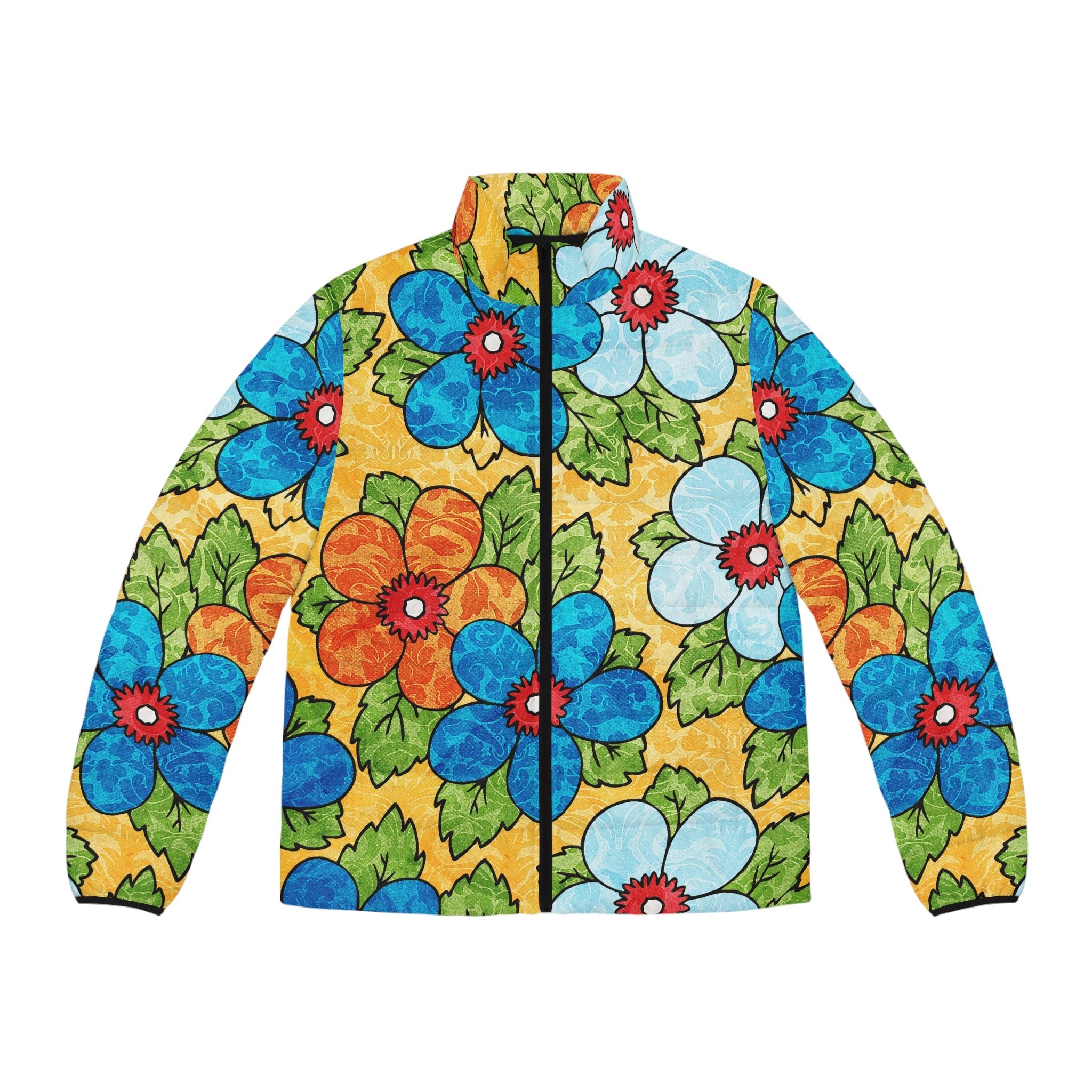 Groovy Yellow Floral Kl Men's Puffer Jacket (AOP), Artsulli - Art is Long, Life is Short, All Over Prints, Size, S, Color, Black zipper, , , 42376992113073902161