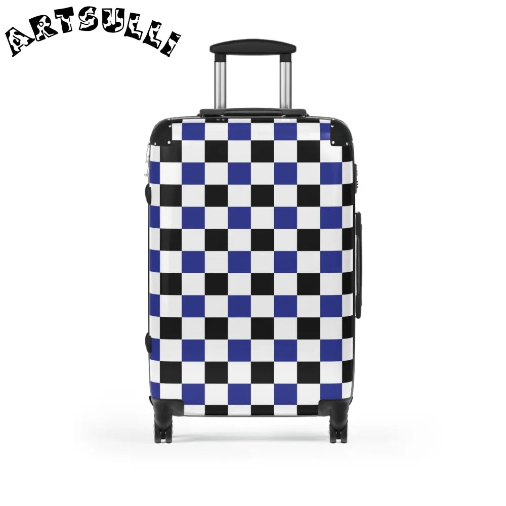 JAKKOUTTHEBXX Checkerboard Blue White and Black Suitcase
