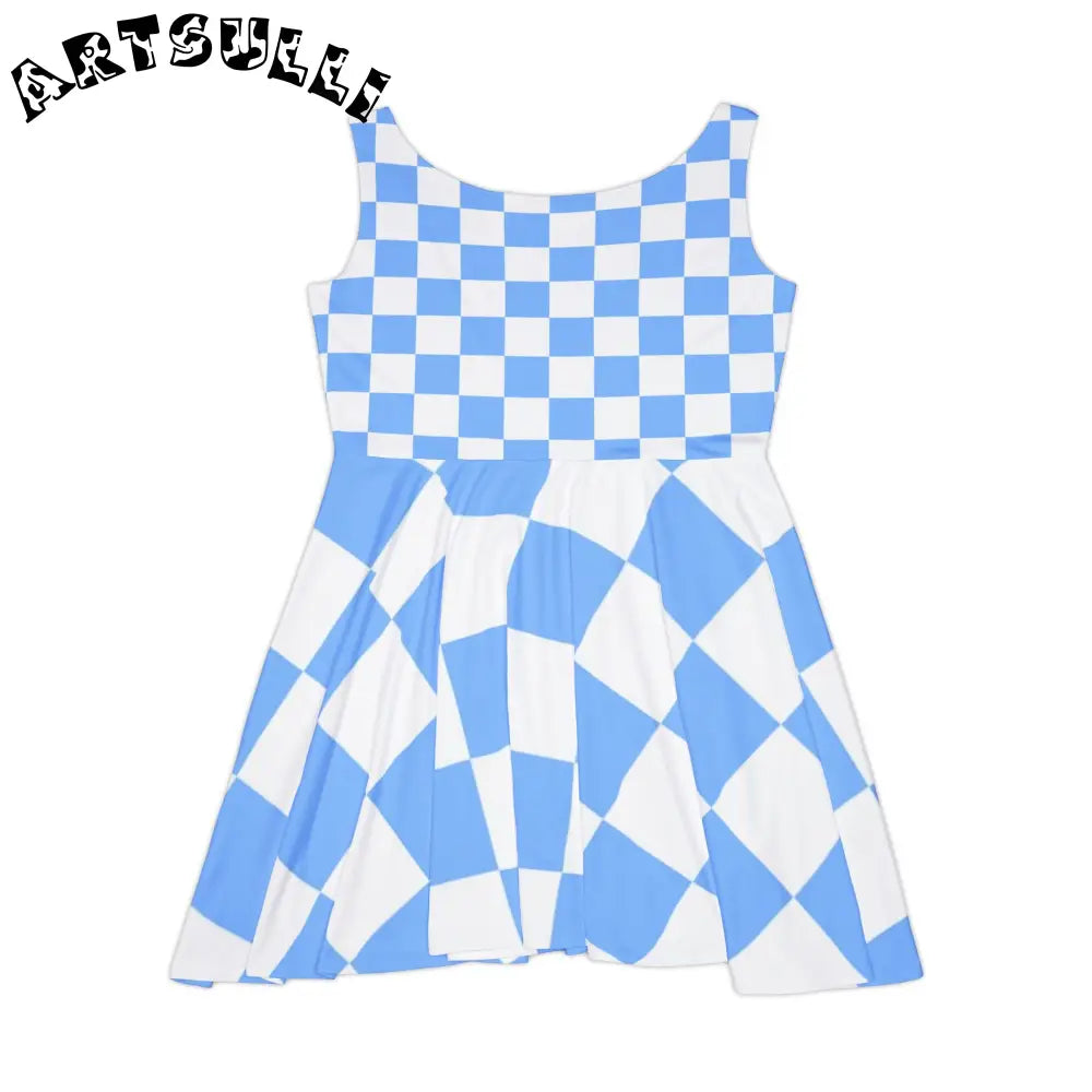 JAKKOUTTHEBXX Checkerboard White and Light Blue Women’s Skater Dress