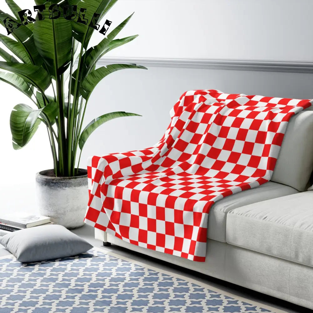 JAKKOUTTHEBXX Checkerboard II Red and White Sherpa Fleece Blanket