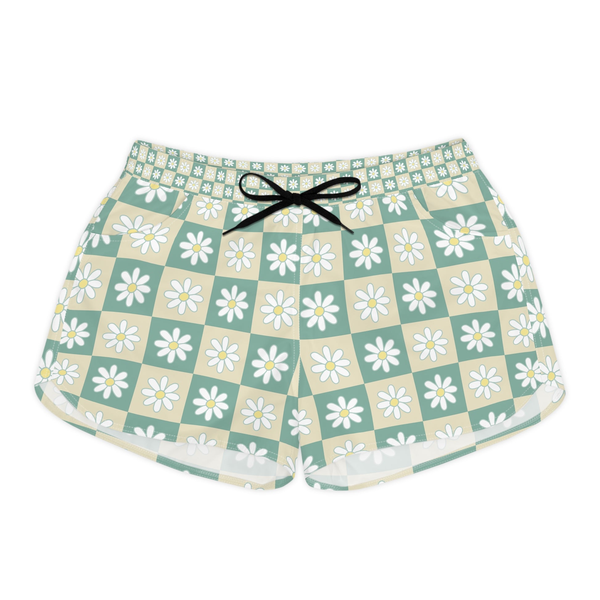 Retro Daisy Grid Women's Casual Shorts (AOP), Artsulli - Art is Long, Life is Short, All Over Prints, Size, S, Color, Black drawstring, , , 20543082759376179027
