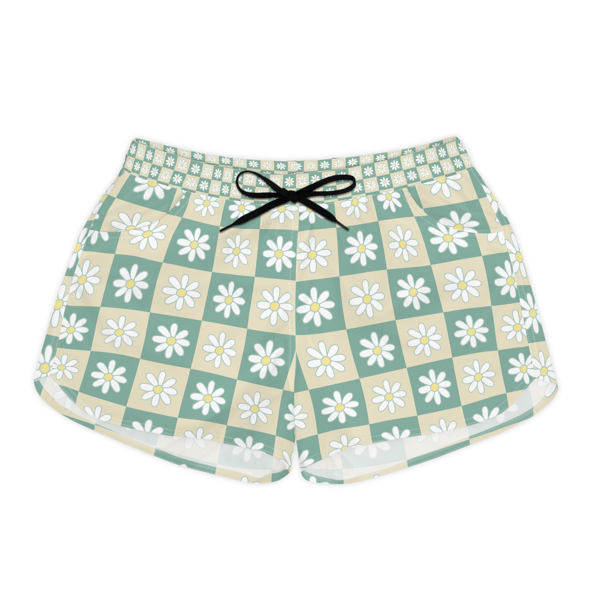 Retro Daisy Grid Women's Casual Shorts (AOP), Artsulli - Art is Long, Life is Short, All Over Prints, Size, S, Color, Black drawstring, , , 20543082759376179027
