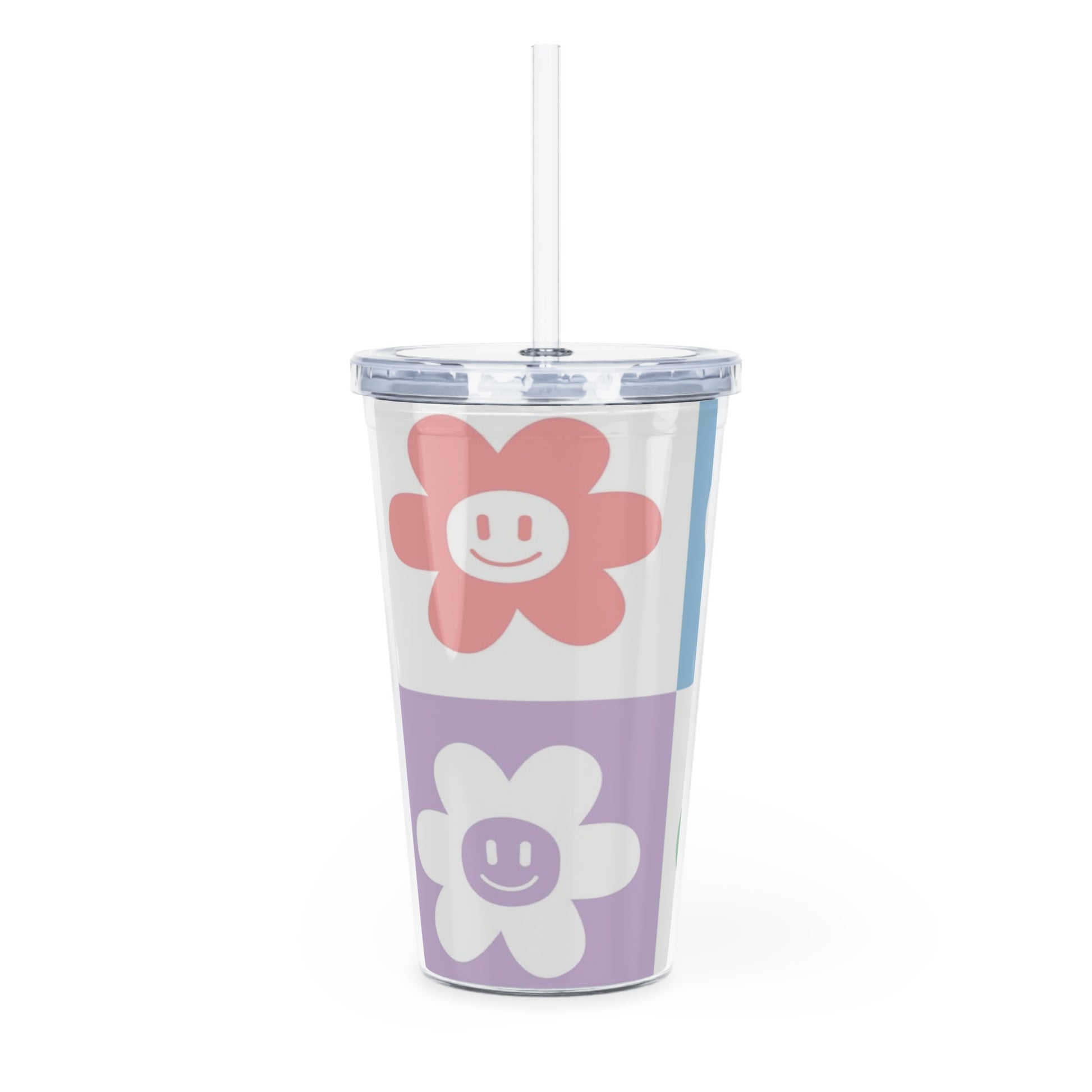 Chessboard x Smiley Face Flowers Multi-Color Plastic Tumbler with Straw, Artsulli - Art is Long, Life is Short, Mug, , , , , , , 