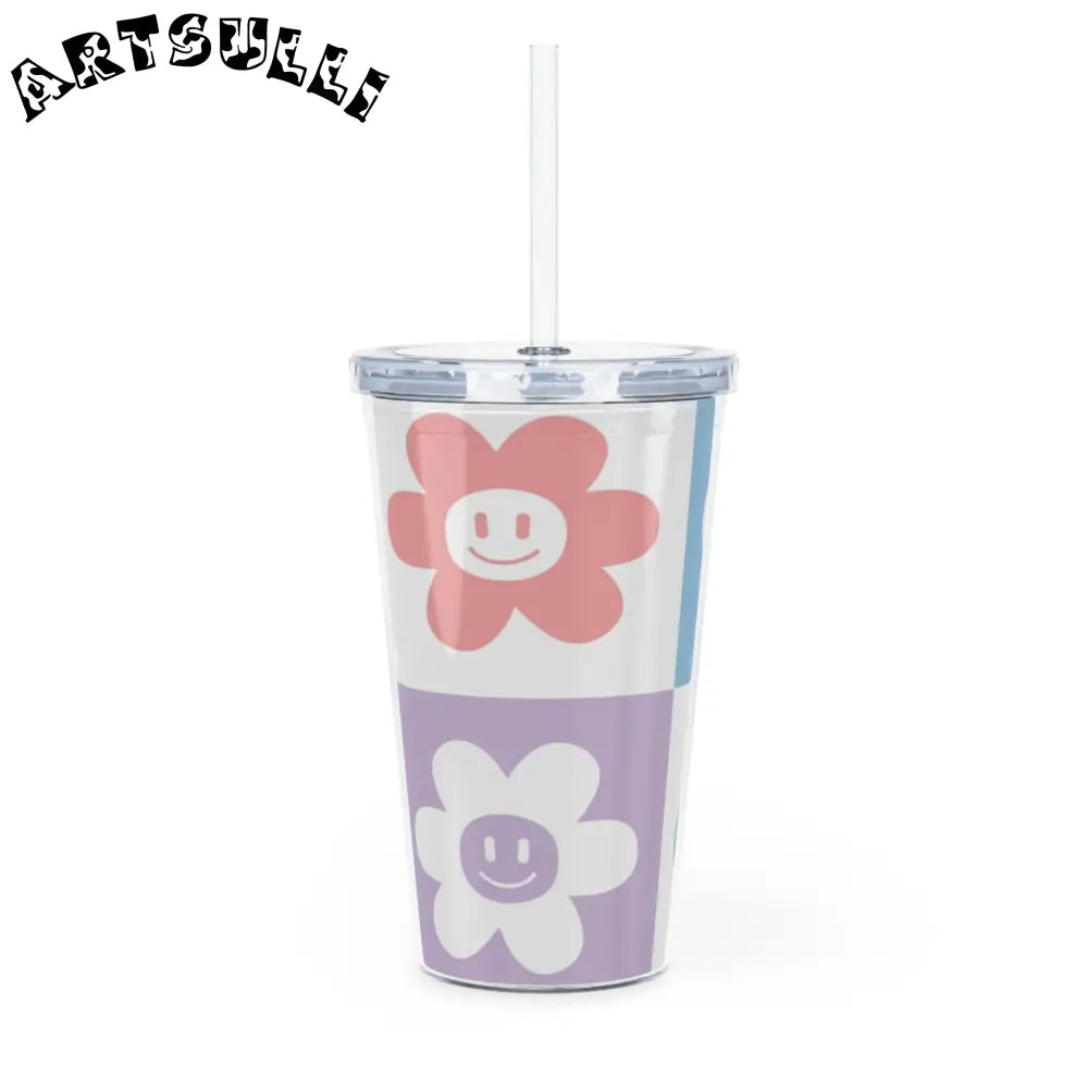 JAKKOUTTHEBXX Checkered Smiley Flower Plastic Tumbler 2025
