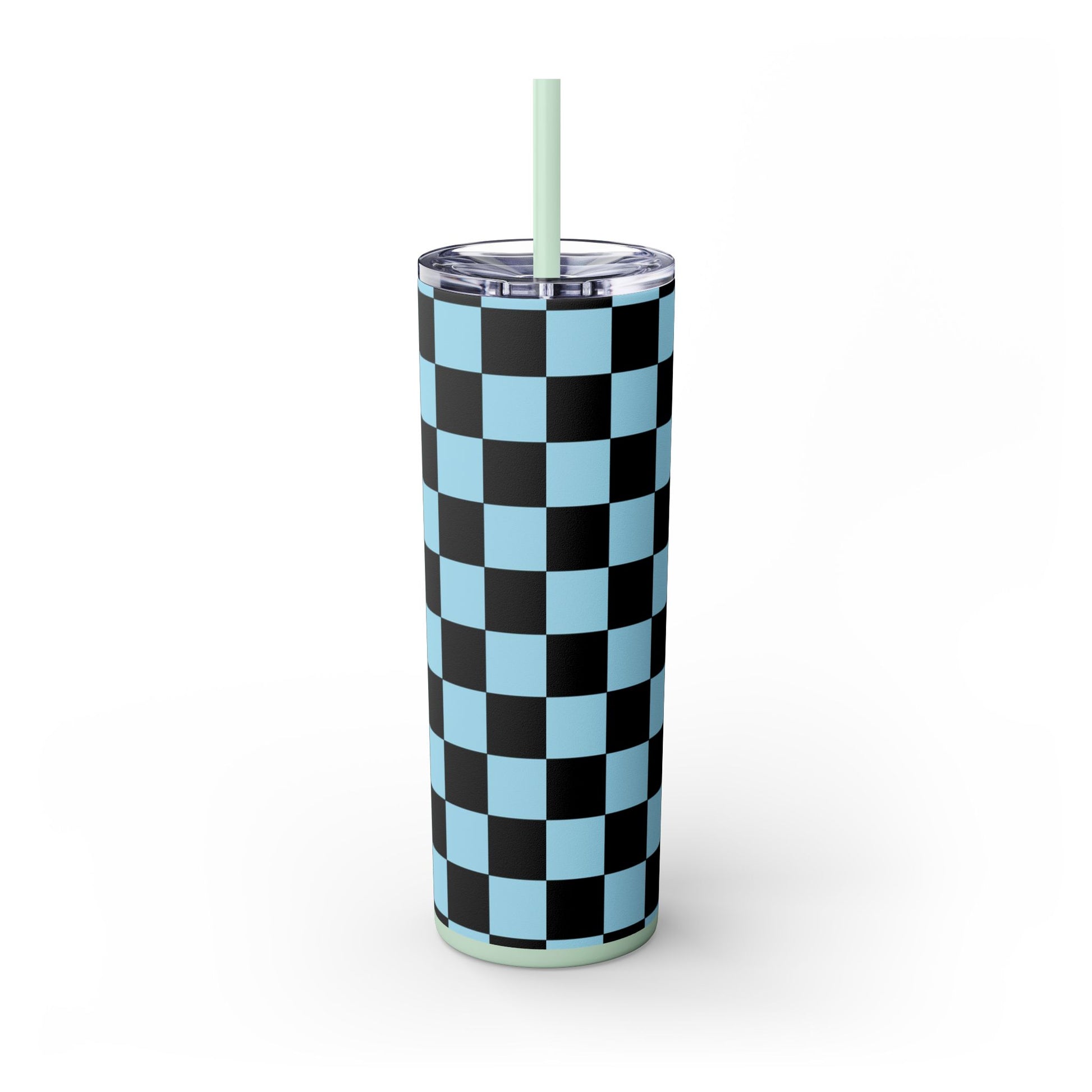 Checkerboard Black and Blue Skinny Tumbler with Straw, 20oz, Artsulli - Art is Long, Life is Short, Mug, , , , , , , 