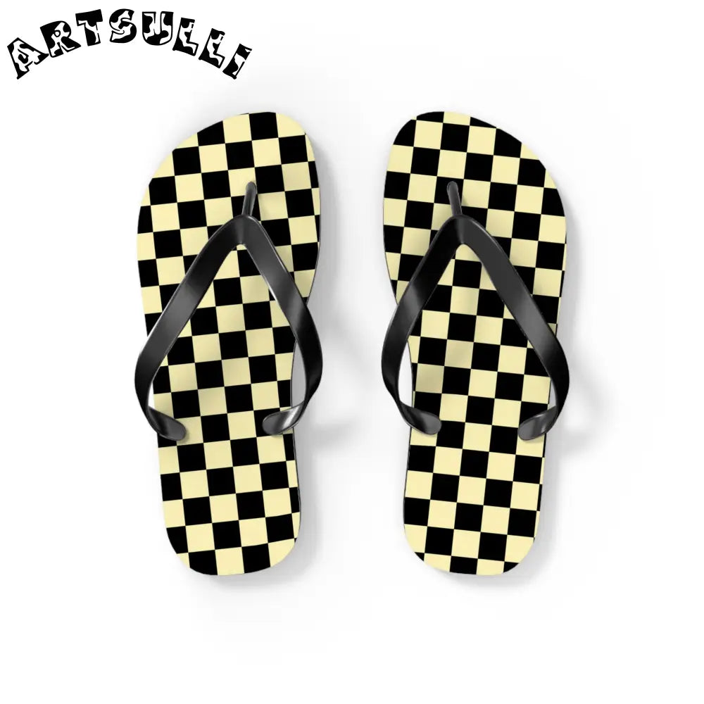 JAKKOUTTHEBXX Checkerboard Black and Yellow Flip Flops JAKKOUTTHEBXX
