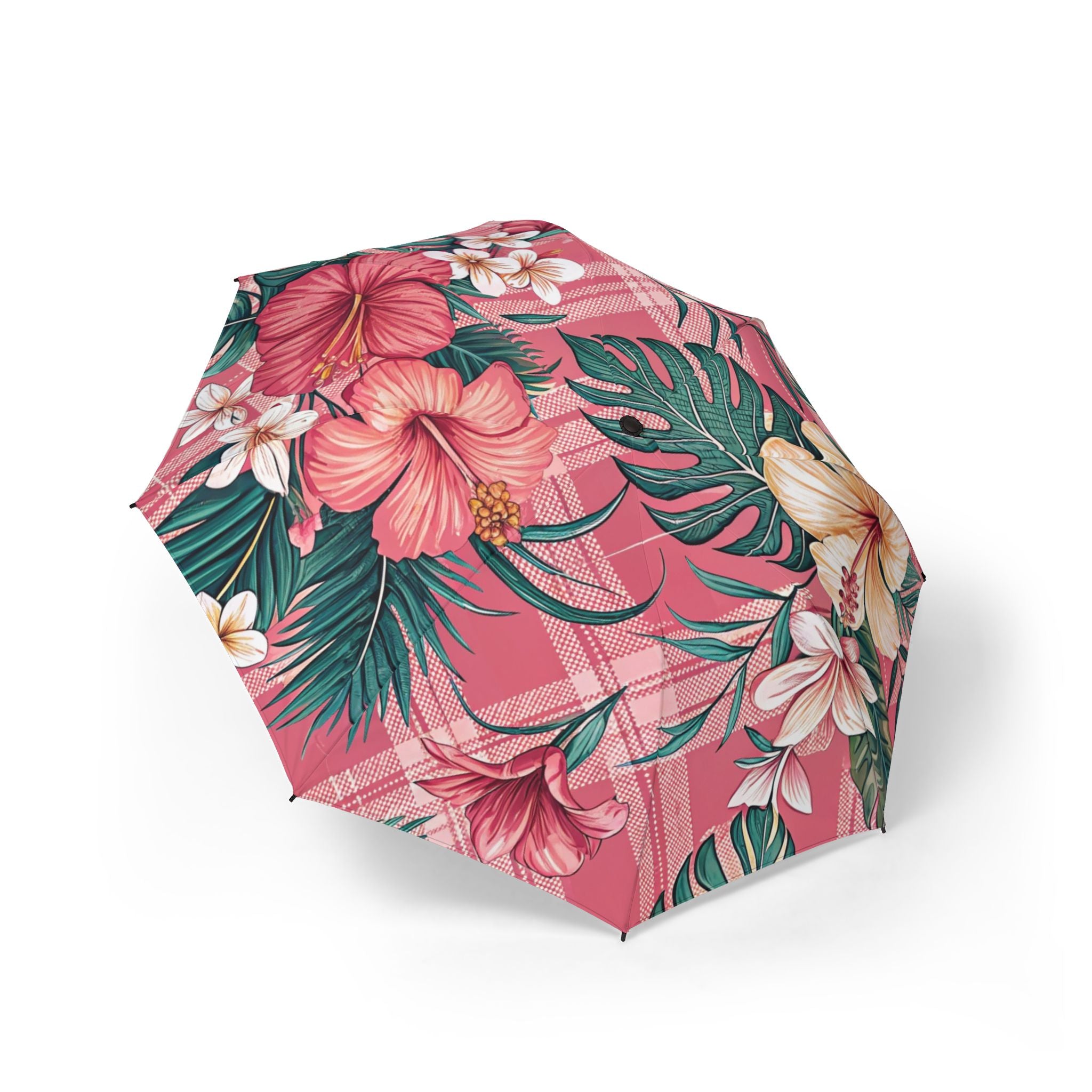 Plaid x Floral Burgundy and Green Semi-Automatic Foldable Umbrella, Artsulli - Art is Long, Life is Short, Accessories, Size, One size, , , , , 94558929426668