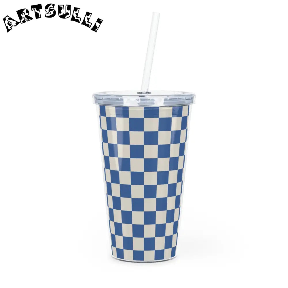 JAKKOUTTHEBXX Checkerboard Blue Plastic Tumbler with Straw