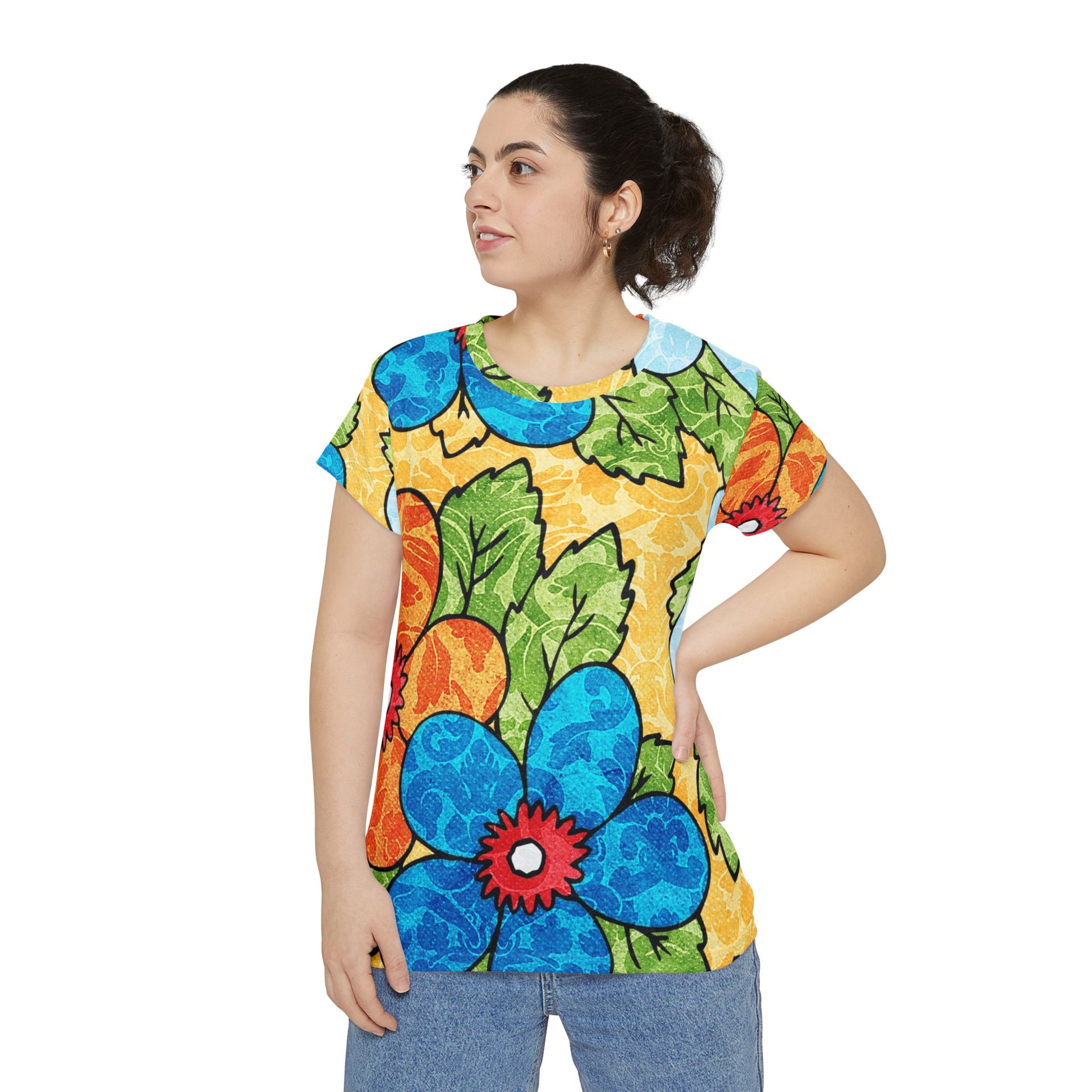 Groovy Yellow Floral Kl Women's Short Sleeve Shirt (AOP), Artsulli - Art is Long, Life is Short, All Over Prints, , , , , , , 