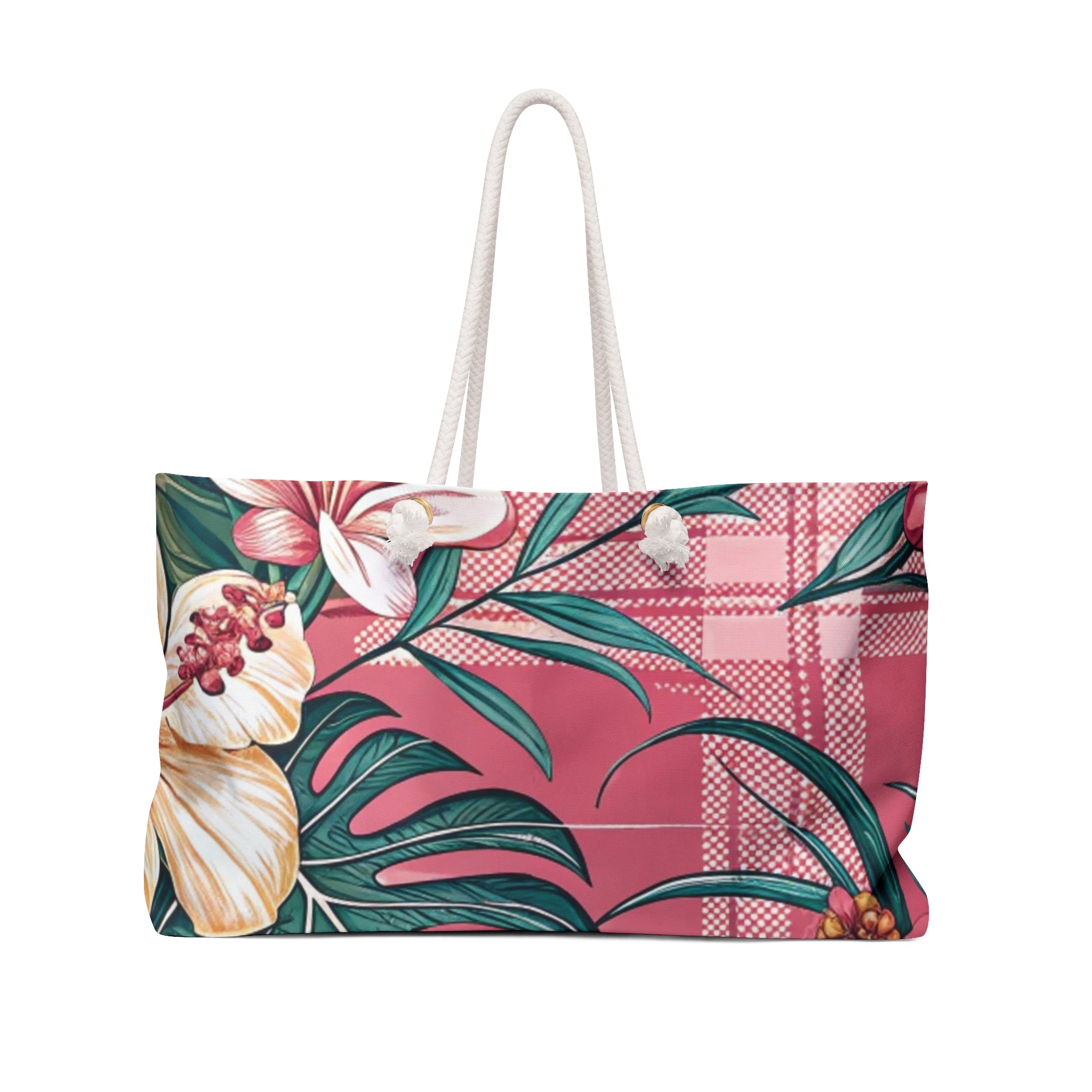 Plaid x Floral Burgundy and Green Weekender Bag, Artsulli - Art is Long, Life is Short, Bags, Size, 24" × 13", , , , , 94593684596099