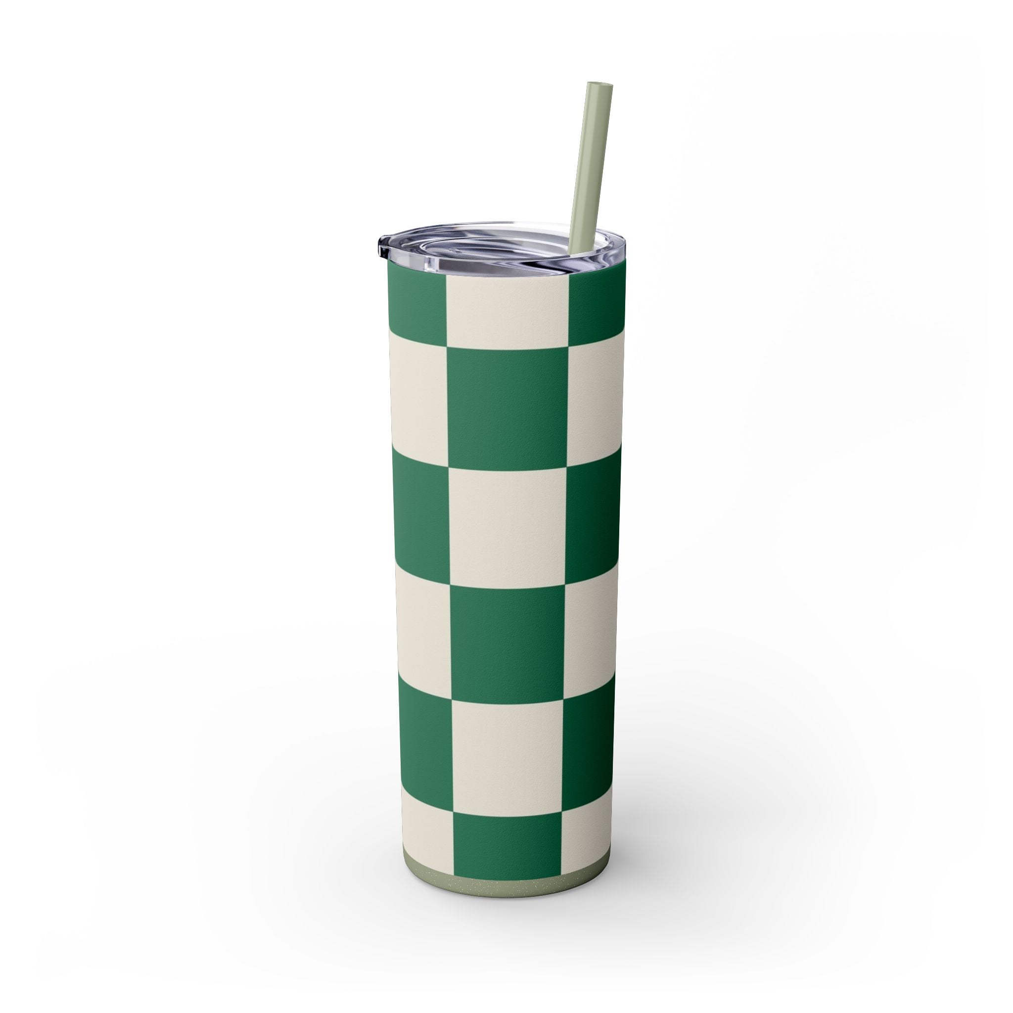 Checkerboard Dark Green Skinny Tumbler with Straw, 20oz, Artsulli - Art is Long, Life is Short, Mug, , , , , , , 