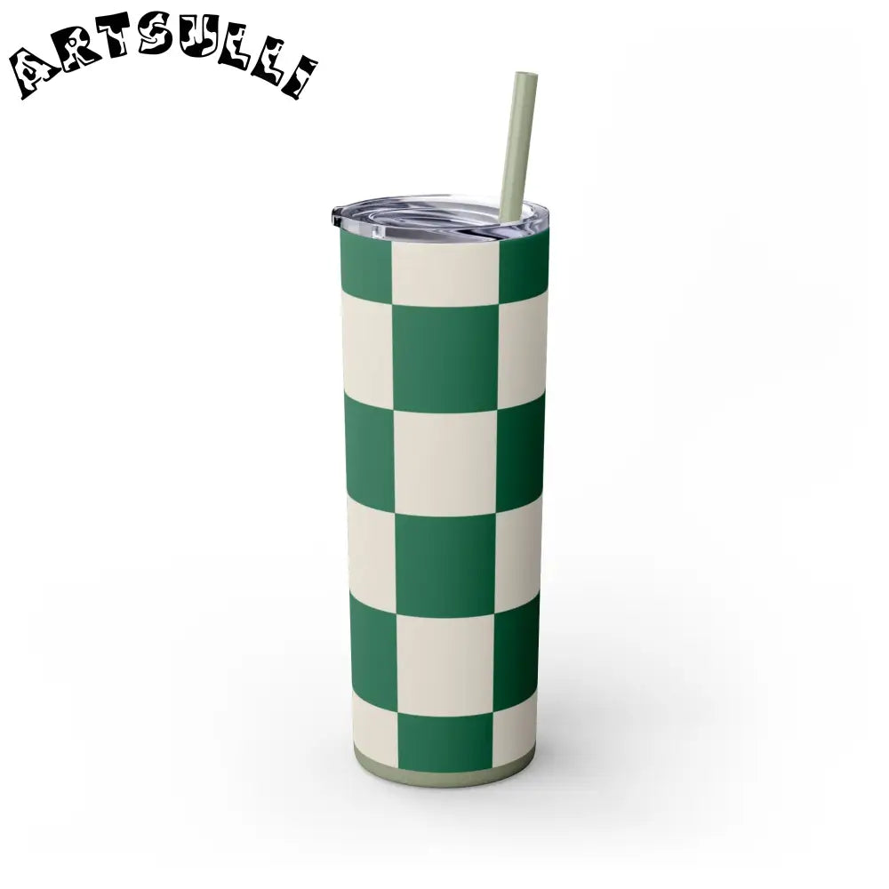 JAKKOUTTHEBXX Checkerboard Dark Green Skinny Tumbler with Straw 20oz