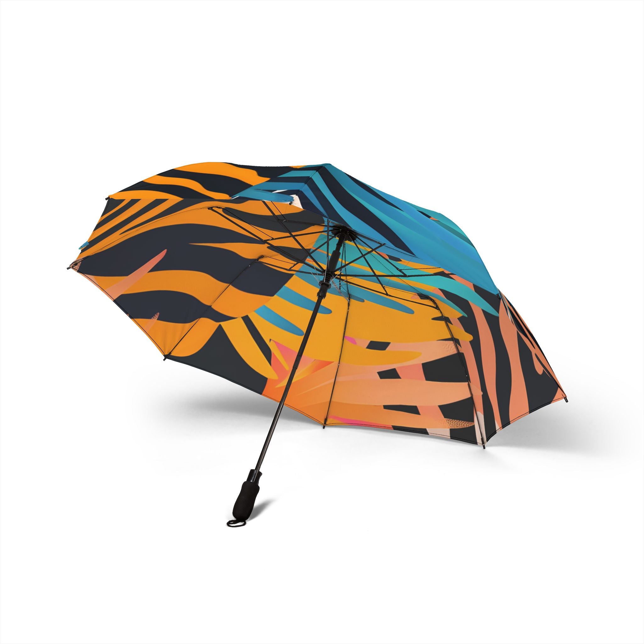 Palm Leaves x Zebra Stripes x Tiger Stripes Orange and Blue Multi-Color Semi-Automatic Foldable Umbrella, Artsulli - Art is Long, Life is Short, Accessories, , , , , , , 