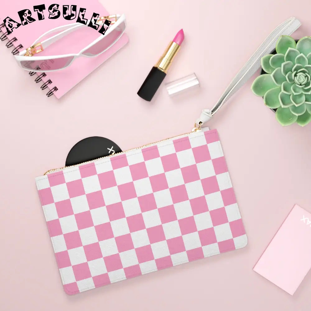 JAKKOUTTHEBXX Checkerboard Hot Pink and White Clutch Bag