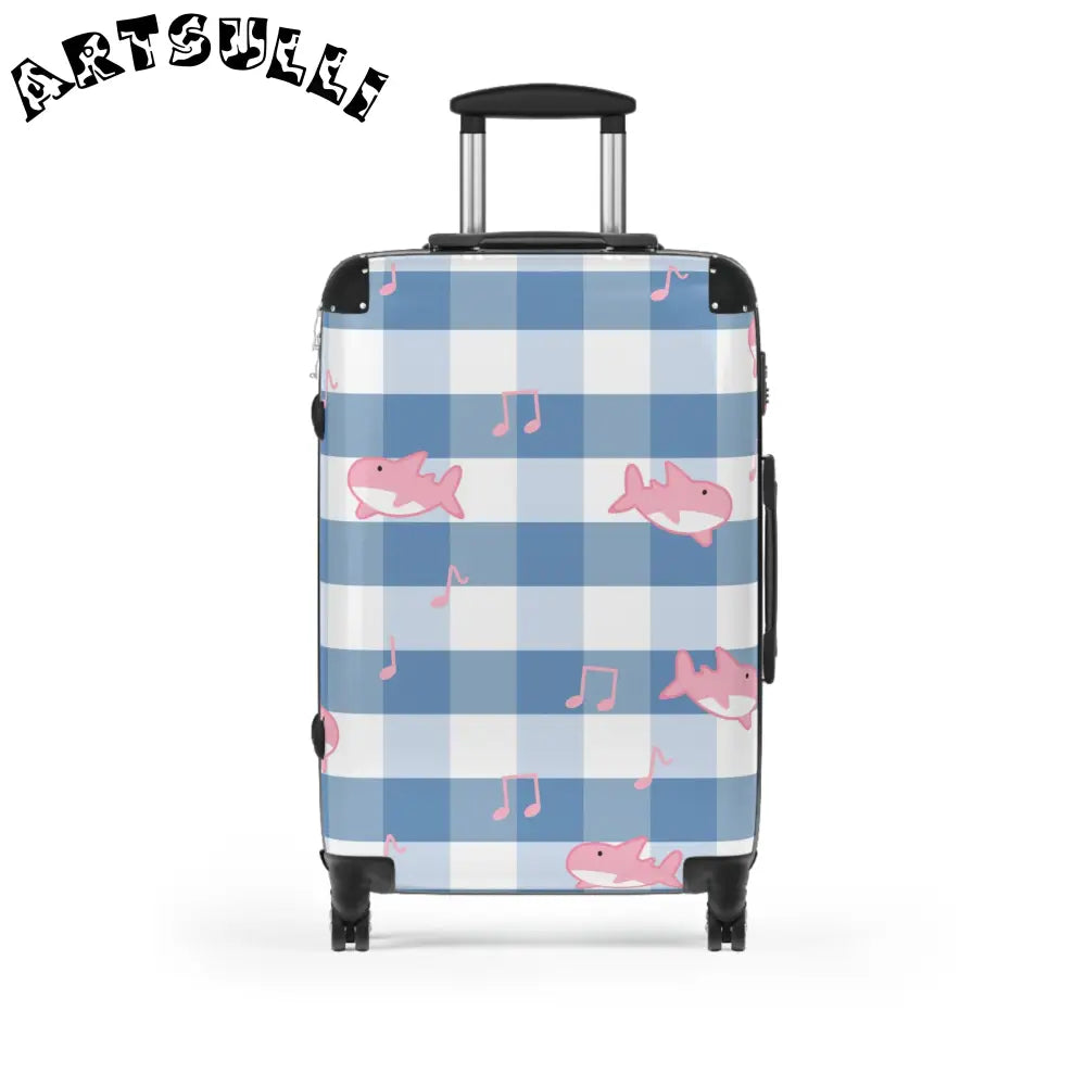 JAKKOUTTHEBXX Checkered Traveling Suitcase with Pink Sharks and Music Notes 2025