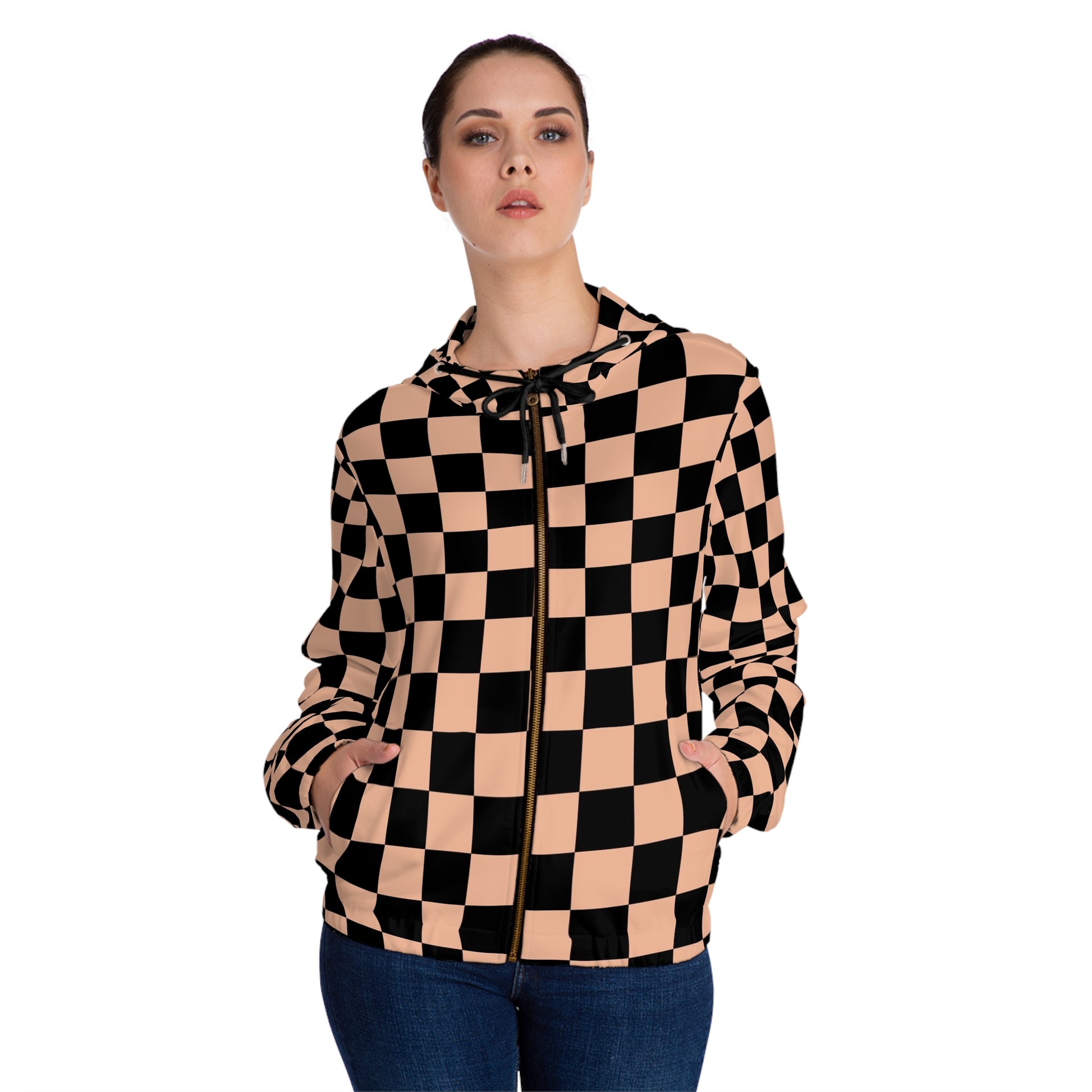 Checkerboard Soft Orange and Black Women’s Full-Zip Hoodie (AOP), Artsulli - Art is Long, Life is Short, All Over Prints, , , , , , , 