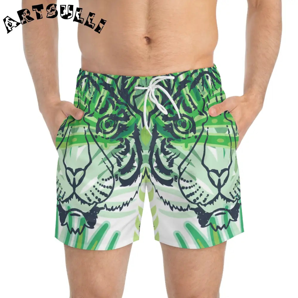 JAKKOUTTHEBXX Tropical Jungle Tigers Green Swim Trunks (AOP)