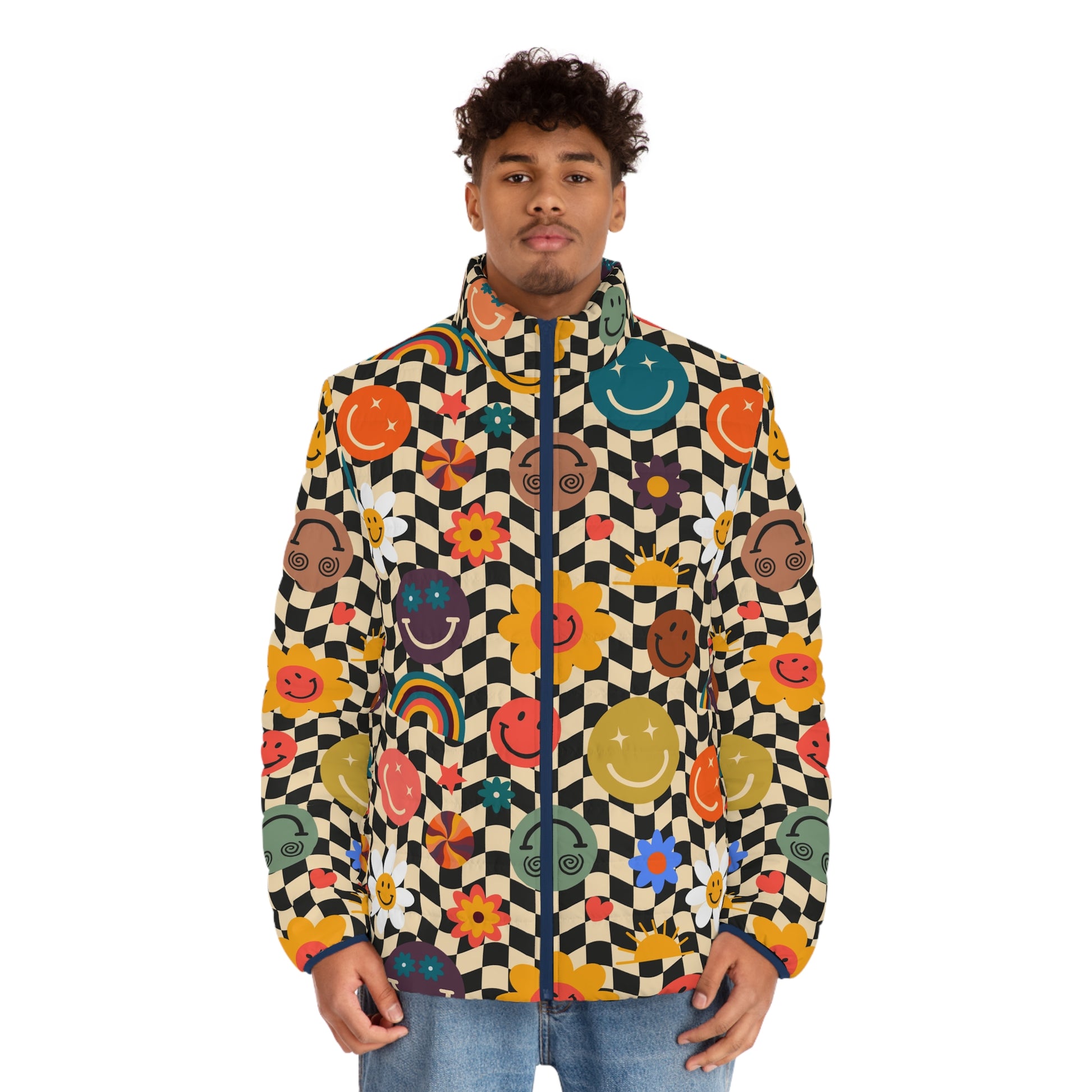 Trippy x Wavy Checkerboard x Smiley Face x Rainbow x Flowers Multi-Color Men's Puffer Jacket (AOP), Artsulli - Art is Long, Life is Short, All Over Prints, , , , , , , 