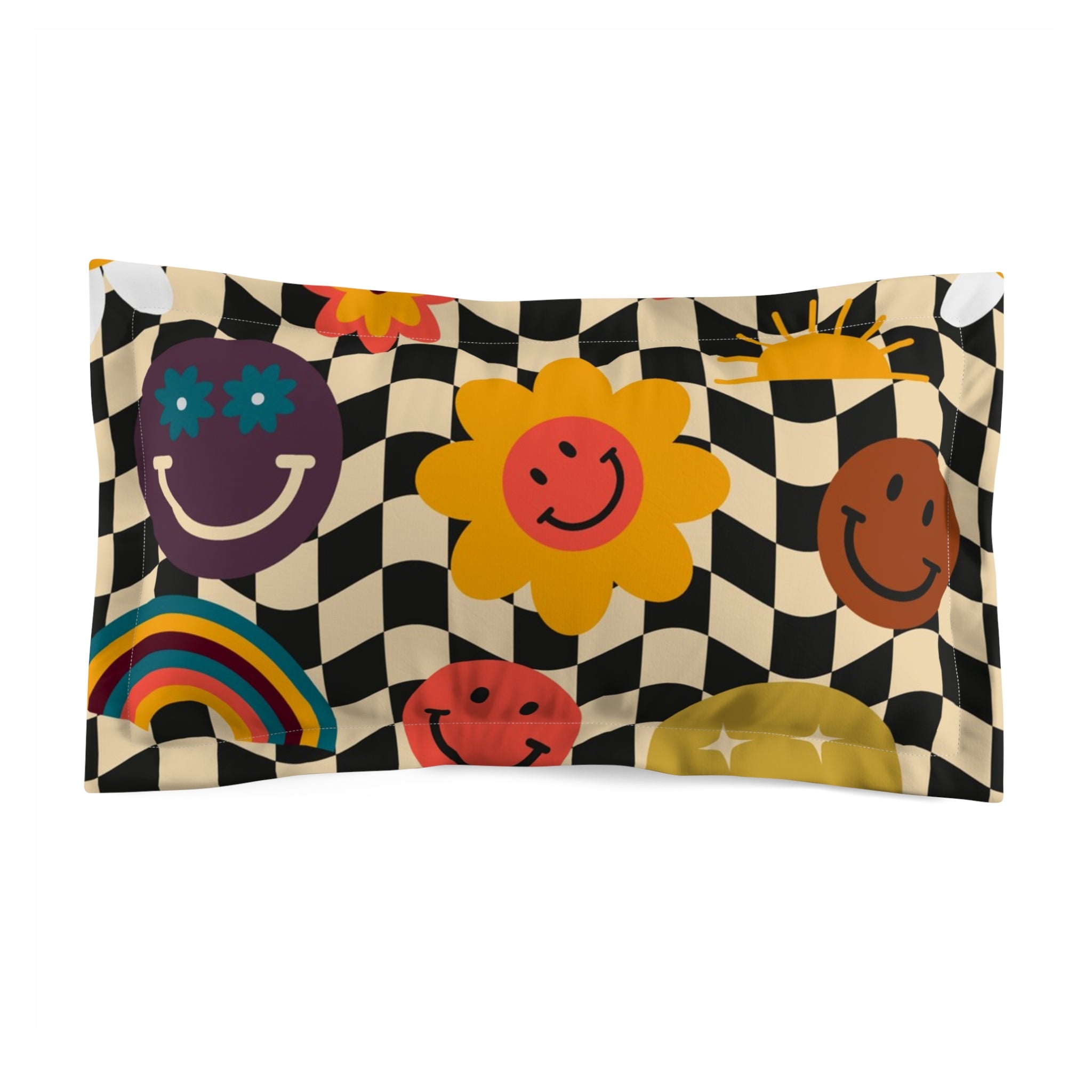 Trippy x Wavy Checkerboard x Smiley Face x Rainbow x Flowers Multi-Color Microfiber Pillow Sham, Artsulli - Art is Long, Life is Short, Home Decor, Size, King, , , , , 16270448195275540338