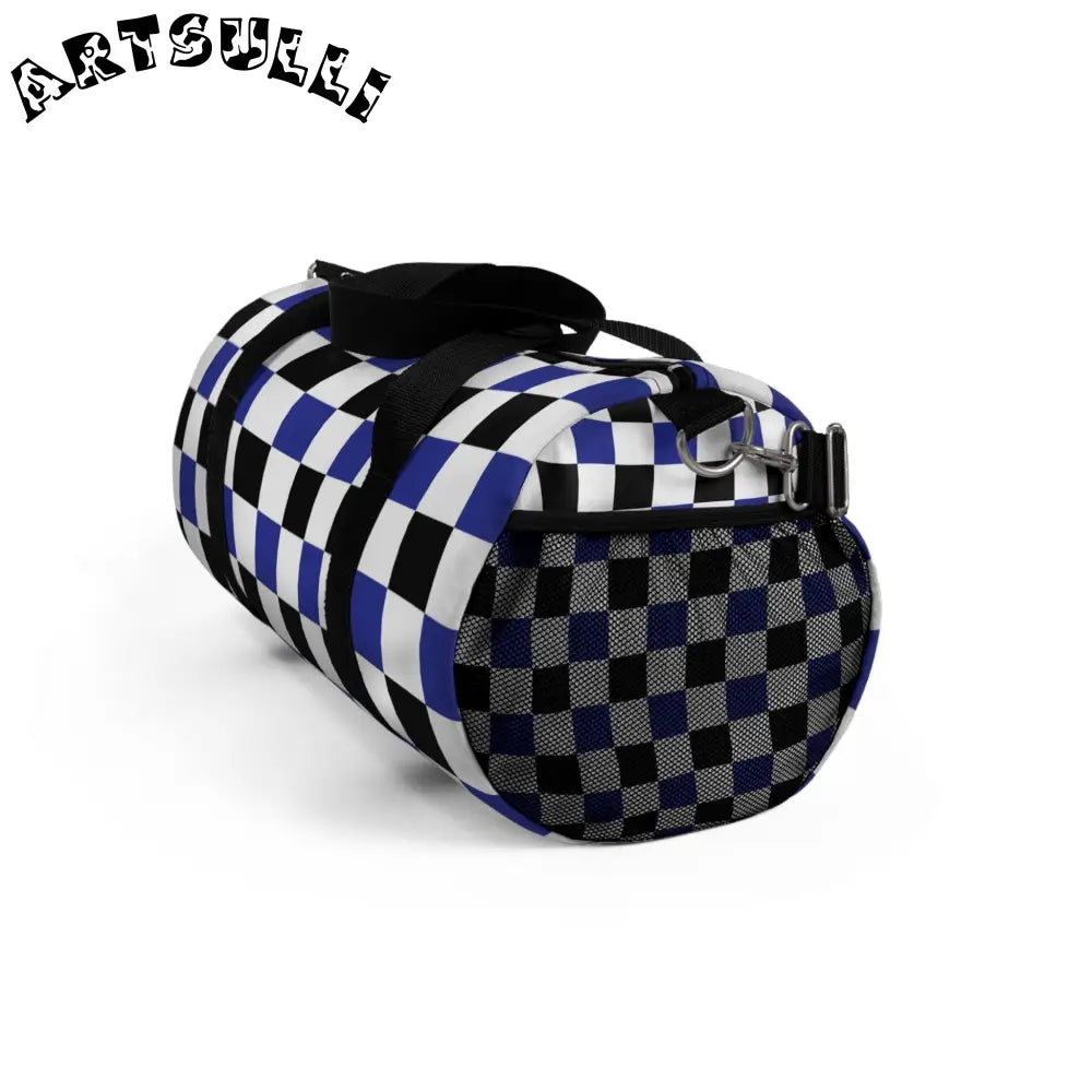 JAKKOUTTHEBXX Checkerboard Blue White and Black Duffel Bag