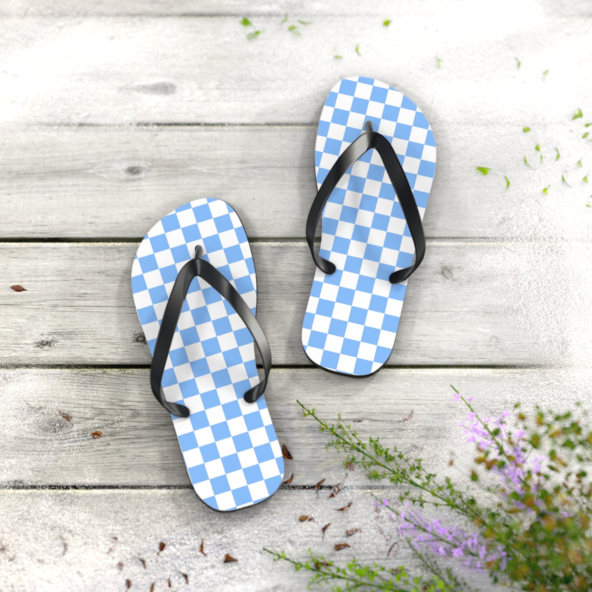 Checkerboard White and Light Blue Flip Flops, Artsulli - Art is Long, Life is Short, Shoes, , , , , , , 