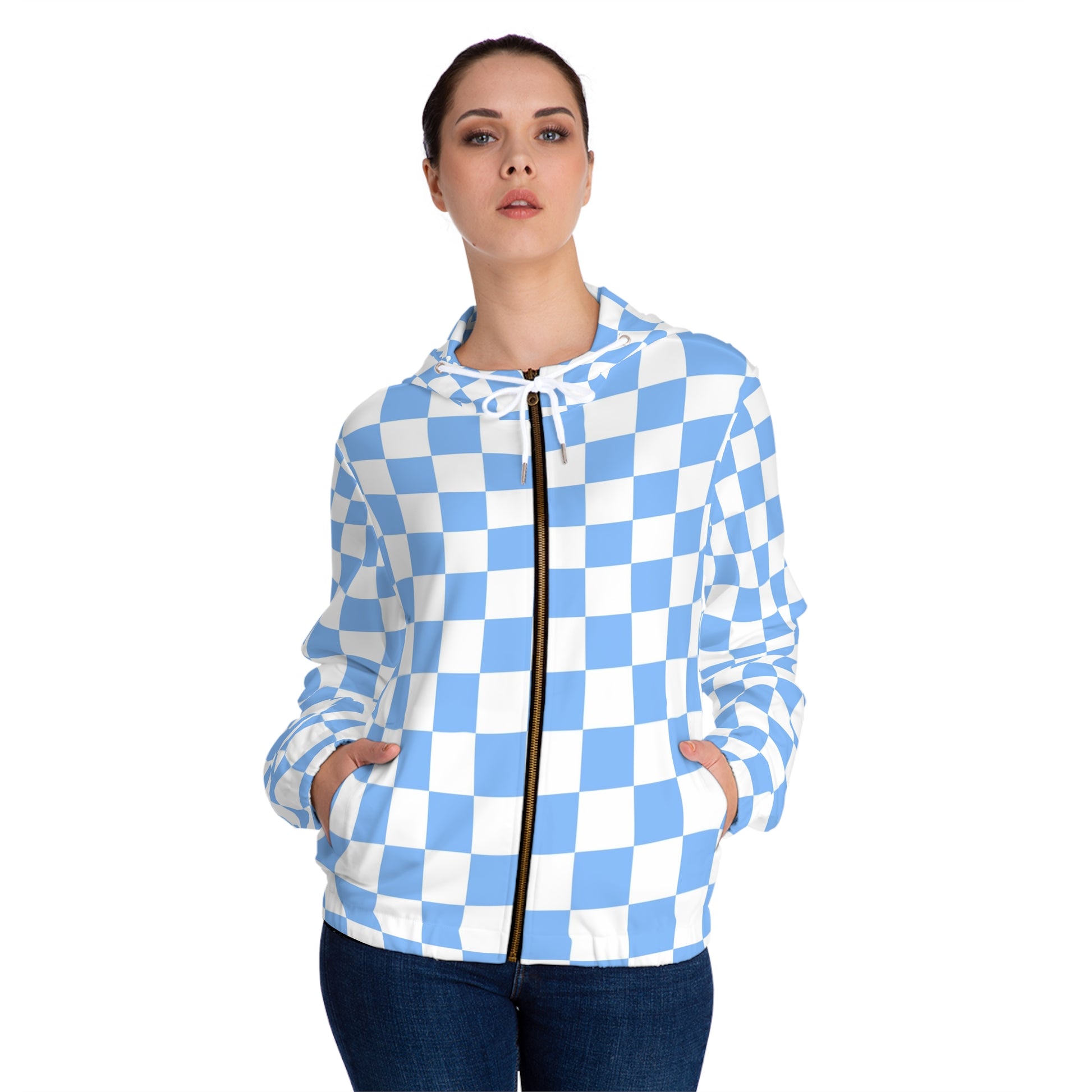 Checkerboard White and Light Blue Women’s Full-Zip Hoodie (AOP), Artsulli - Art is Long, Life is Short, All Over Prints, , , , , , , 