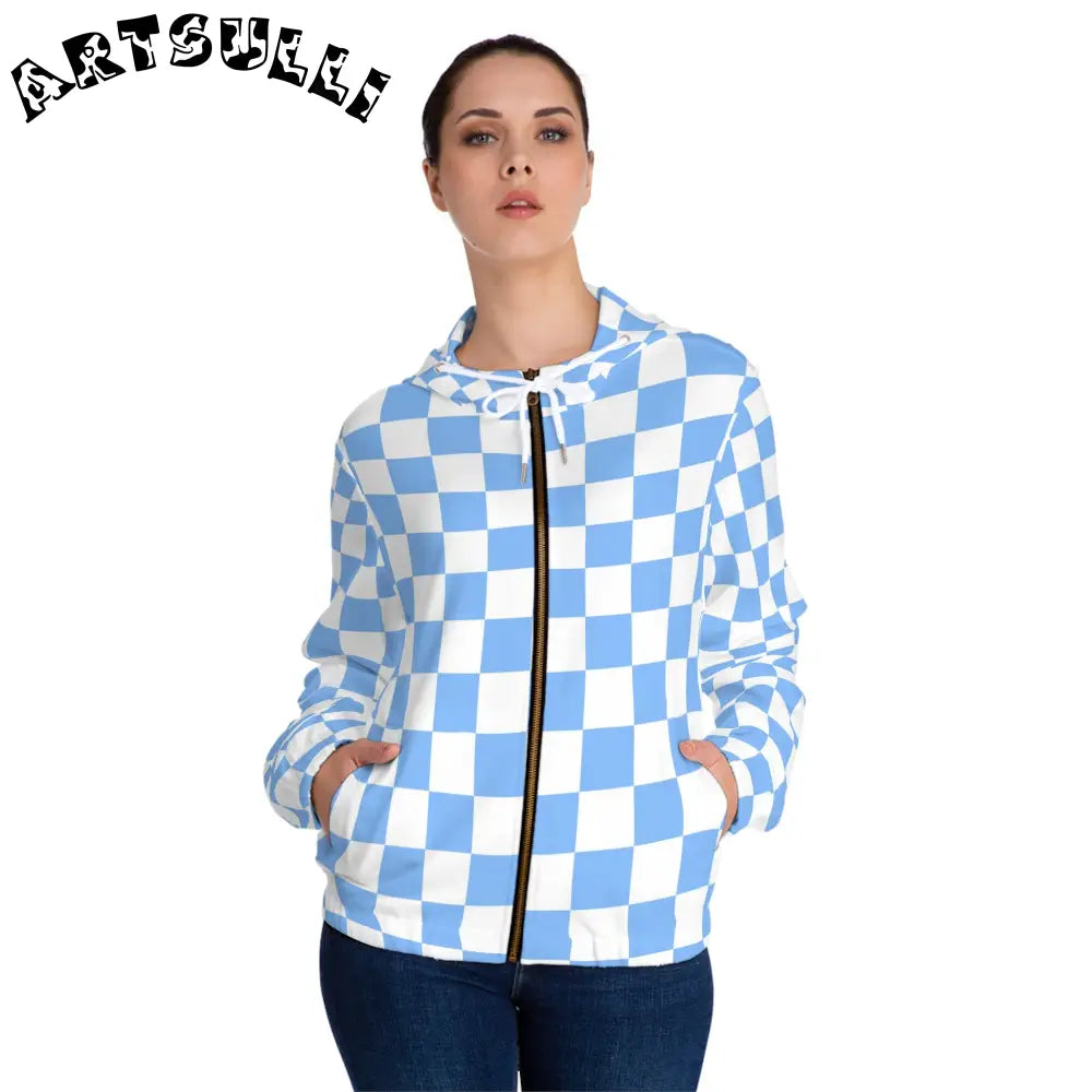 JAKKOUTTHEBXX Checkerboard White and Light Blue Women’s Full-Zip