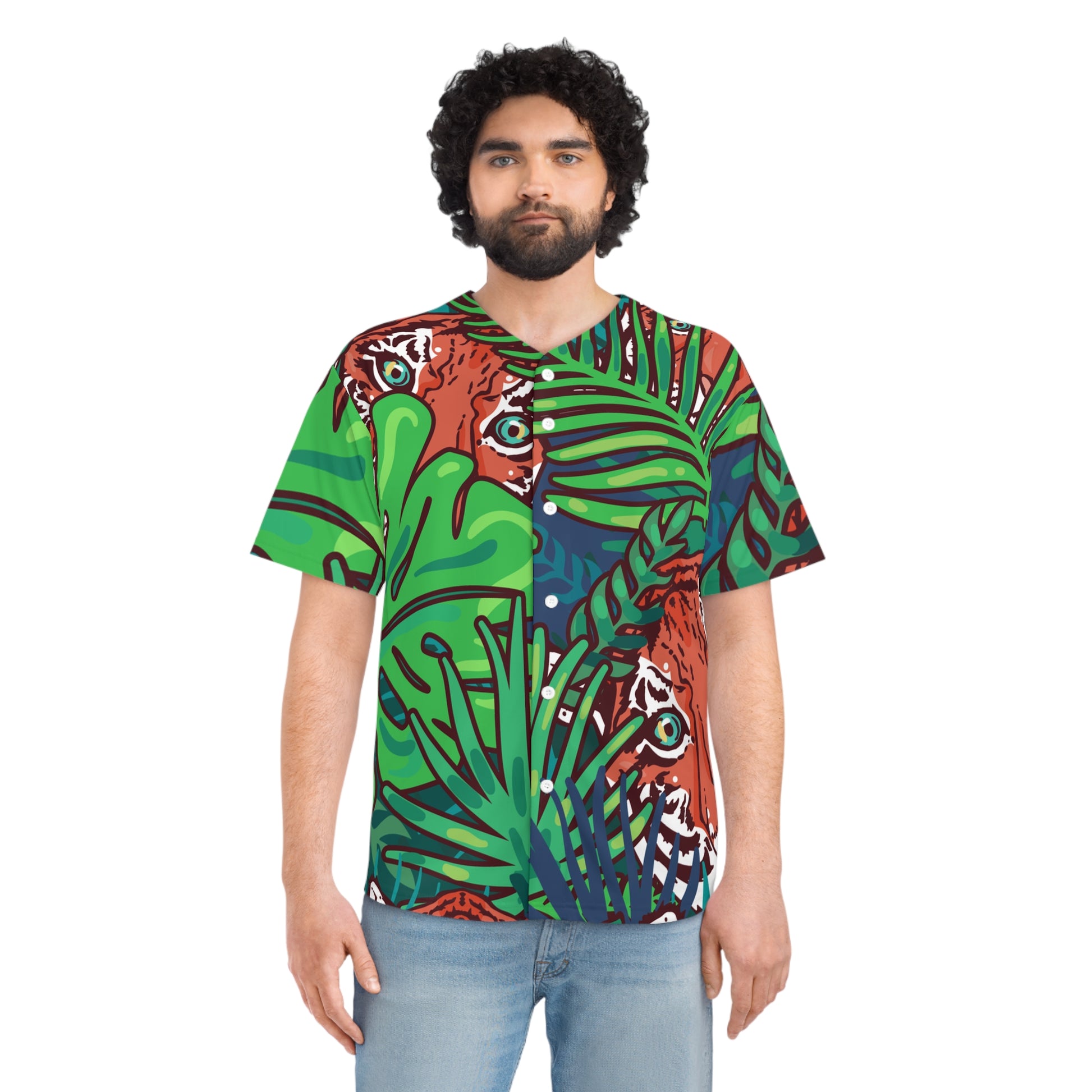 Tropical Jungle Tigers Blue and Green Men's Baseball Jersey (AOP), Artsulli - Art is Long, Life is Short, All Over Prints, , , , , , , 