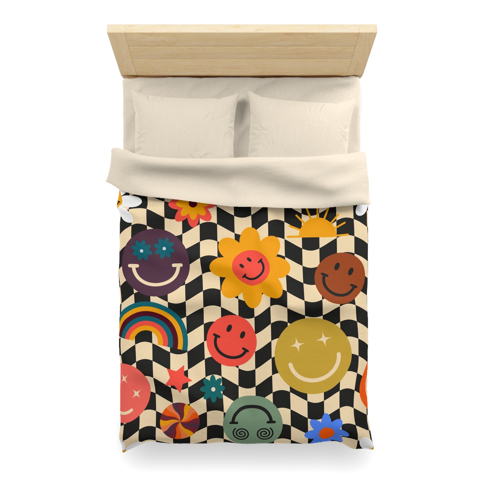 Trippy x Wavy Checkerboard x Smiley Face x Rainbow x Flowers Multi-Color Microfiber Duvet Cover, Artsulli - Art is Long, Life is Short, Home Decor, , , , , , , 