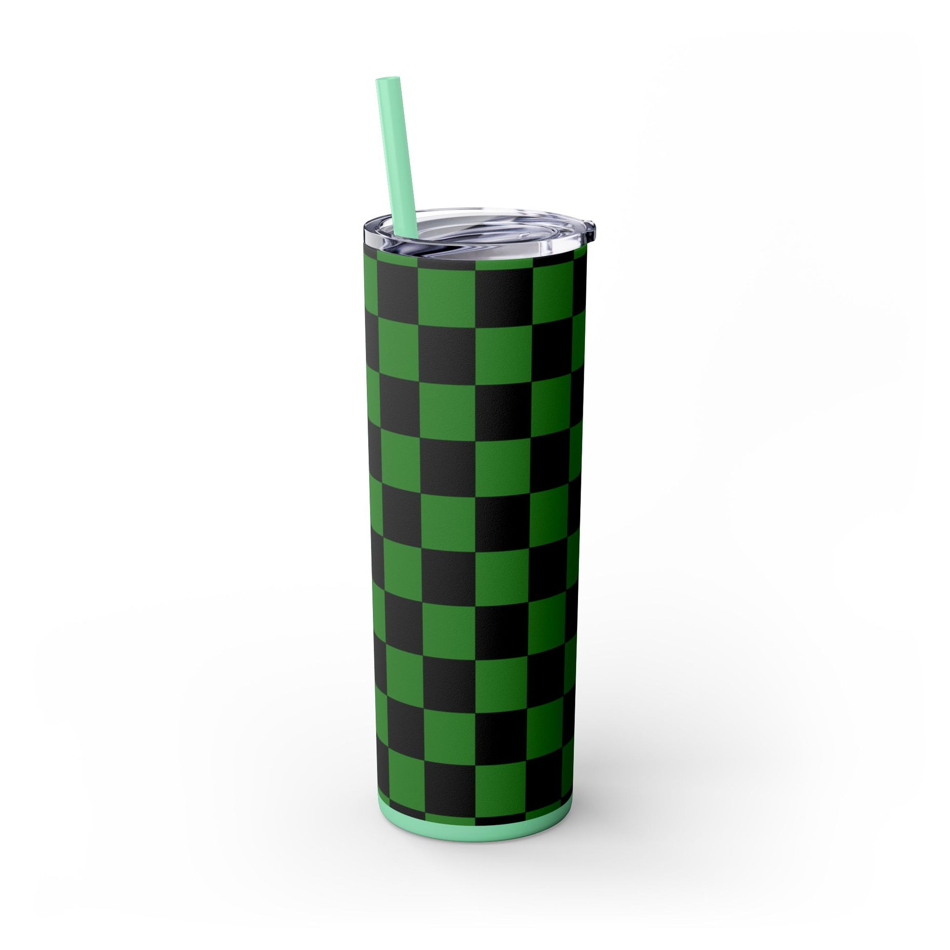 Checkerboard Green and Black Skinny Tumbler with Straw, 20oz, Artsulli - Art is Long, Life is Short, Mug, , , , , , , 