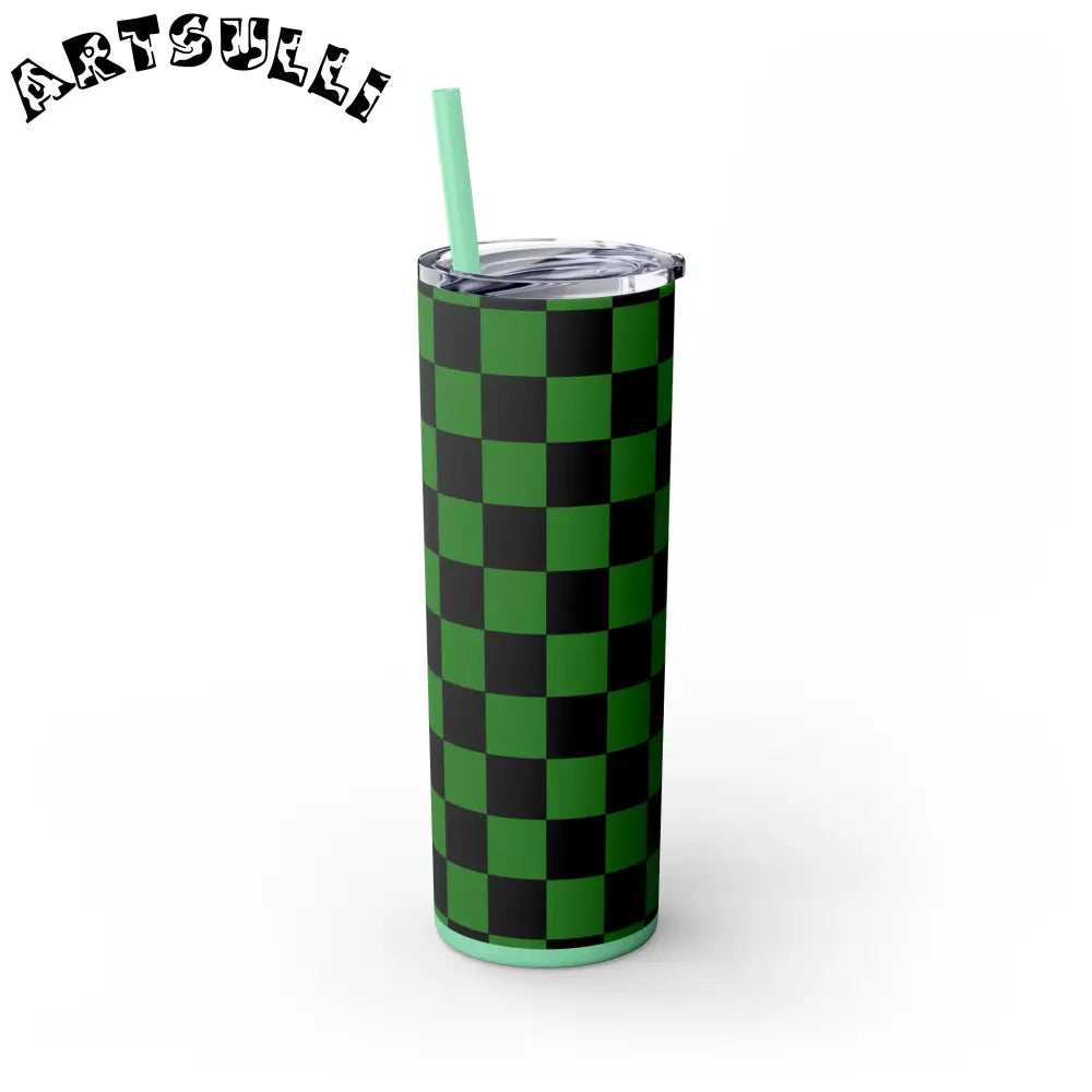JAKKOUTTHEBXX Checkerboard Green and Black Skinny Tumbler with Straw