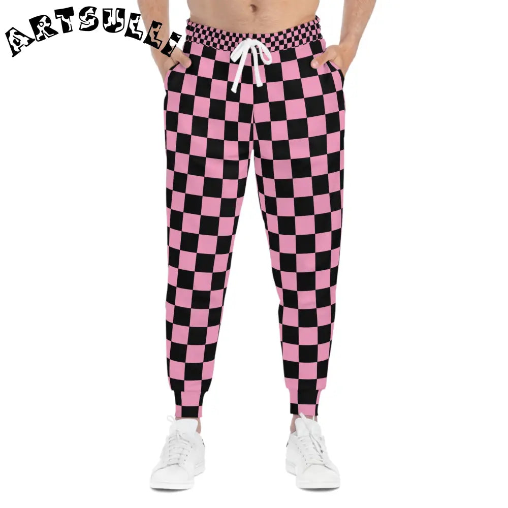 JAKKOUTTHEBXX Checkerboard Black and Pink Athletic Joggers (AOP)