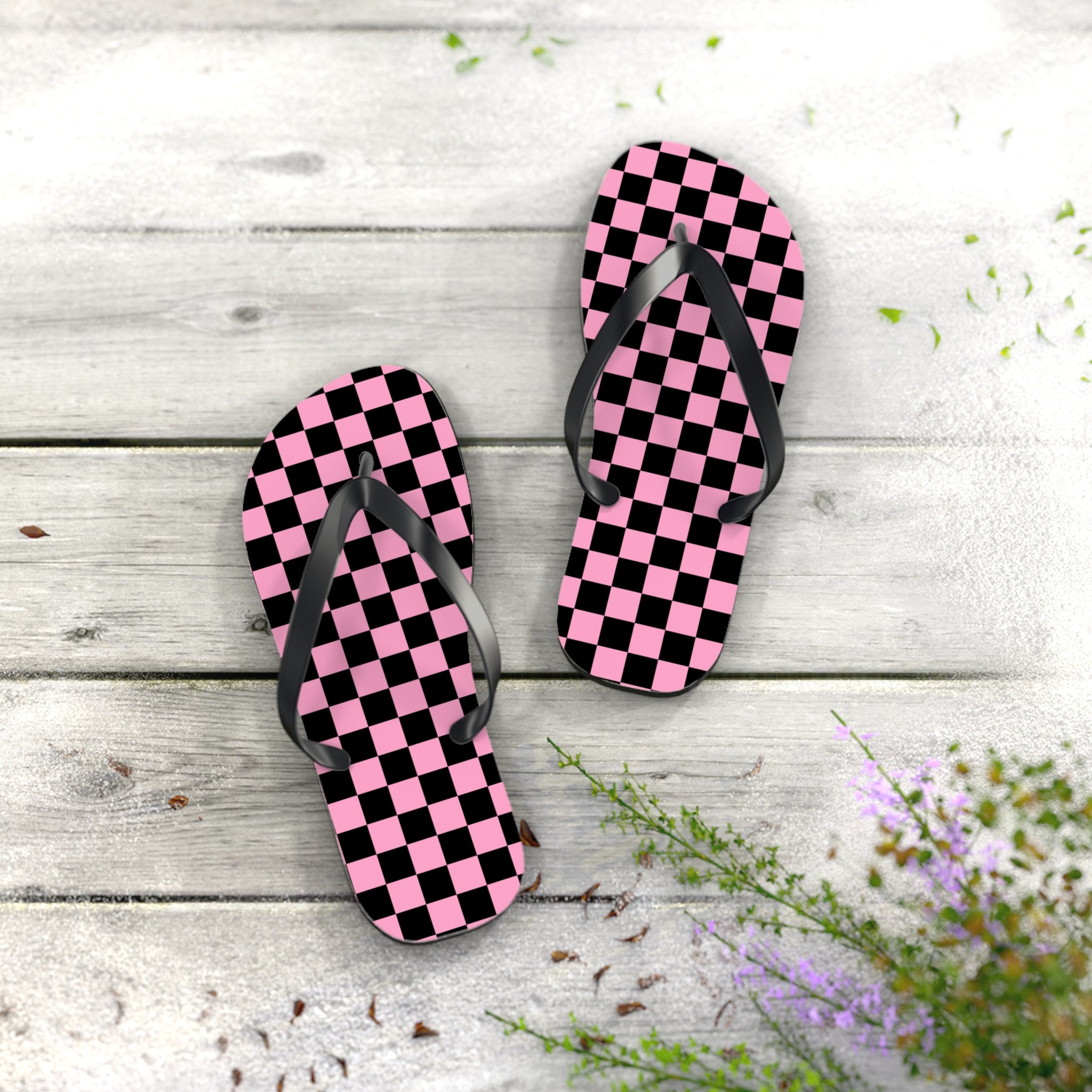 Checkerboard Black and Pink Flip Flops, Artsulli - Art is Long, Life is Short, Shoes, , , , , , , 