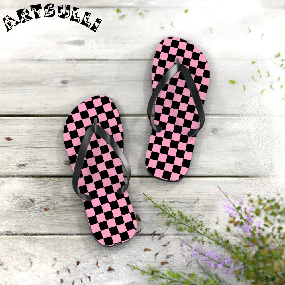 JAKKOUTTHEBXX Checkerboard Black and Pink Flip Flops JAKKOUTTHEBXX