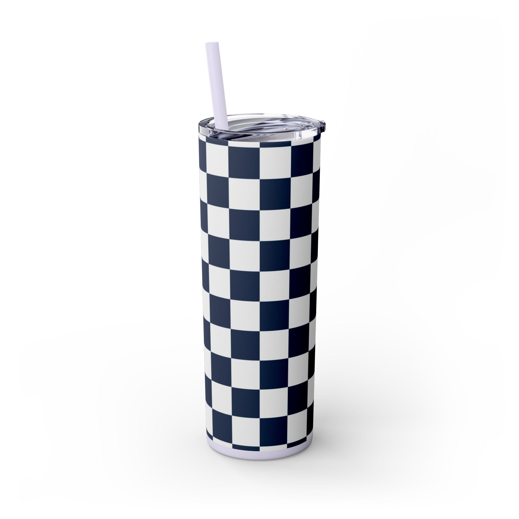 Checkerboard White and Navy Blue Skinny Tumbler with Straw, 20oz, Artsulli - Art is Long, Life is Short, Mug, , , , , , , 