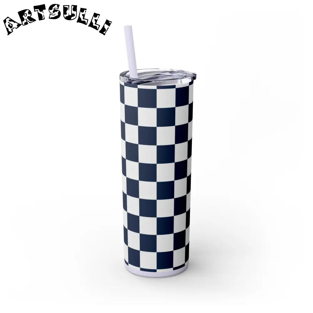 JAKKOUTTHEBXX Checkerboard White and Navy Blue Skinny Tumbler