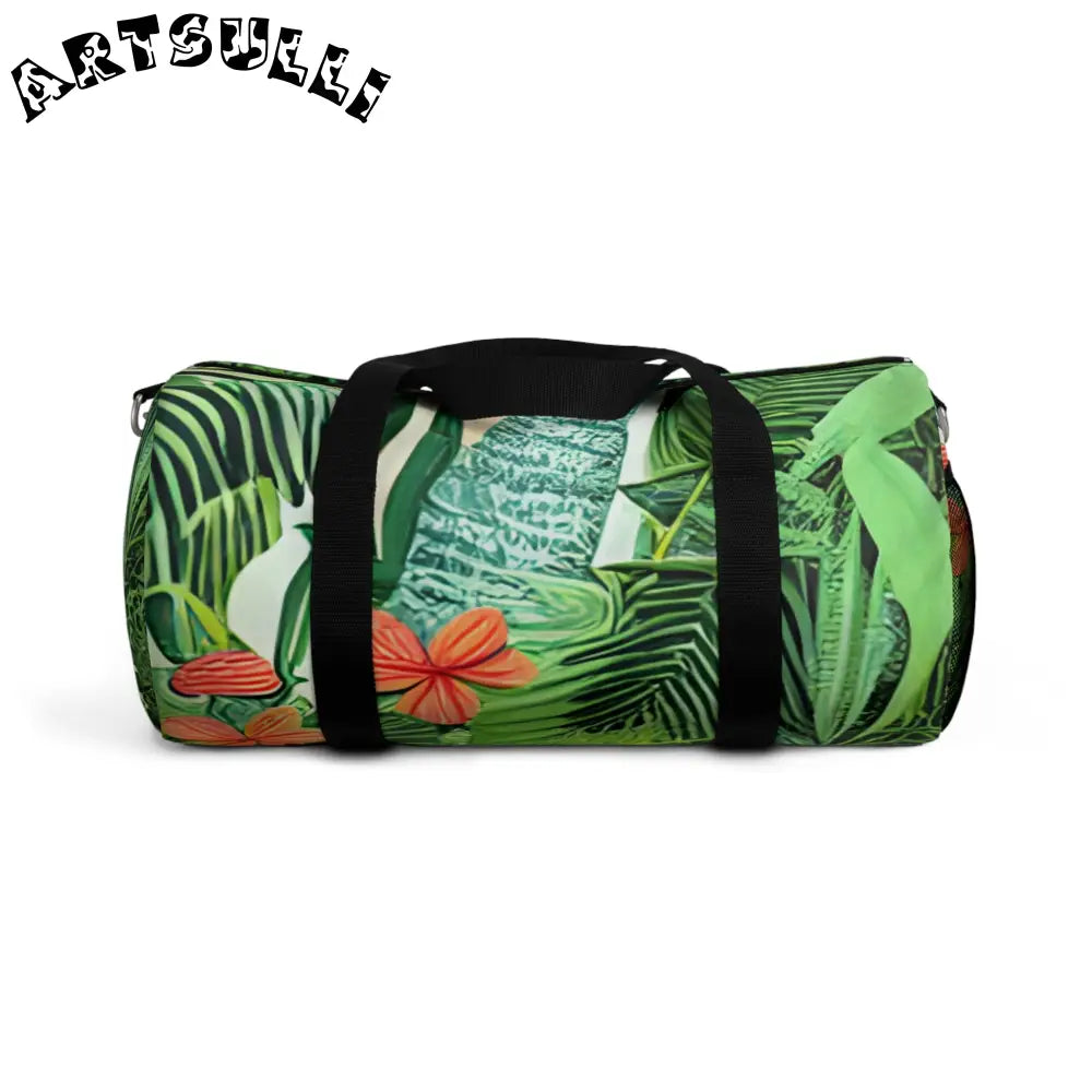 JAKKOUTTHEBXX Tropical Leaf and Flower Print Duffel Bags with Black
