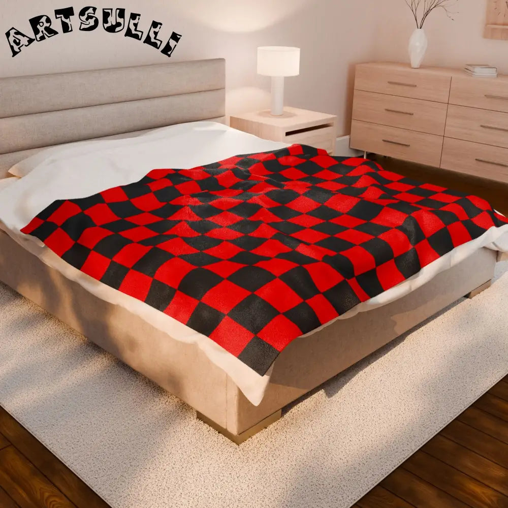 JAKKOUTTHEBXX Checkerboard Red and Black Velveteen Plush Blanket