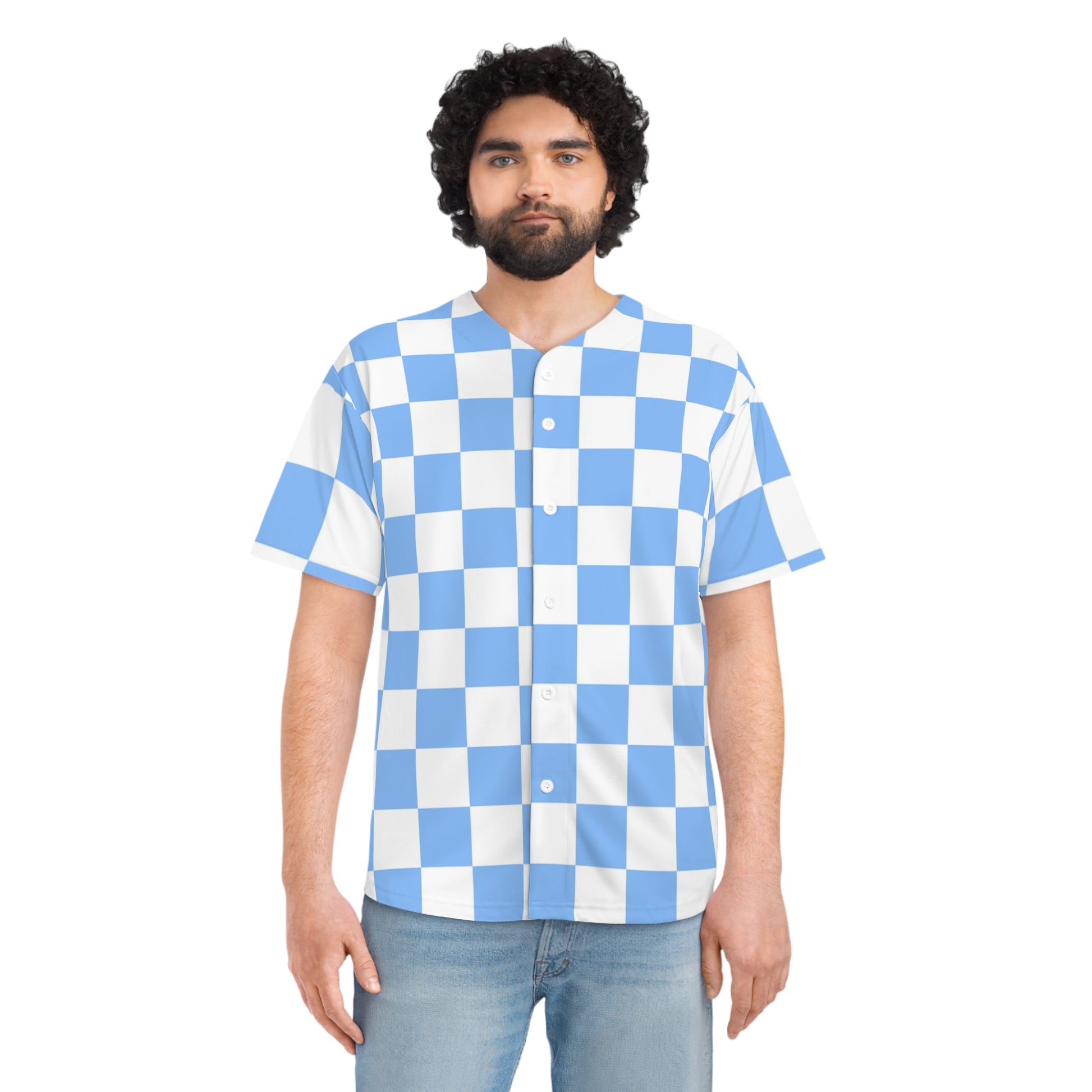 Checkerboard White and Light Blue Men's Baseball Jersey (AOP), Artsulli - Art is Long, Life is Short, All Over Prints, , , , , , , 