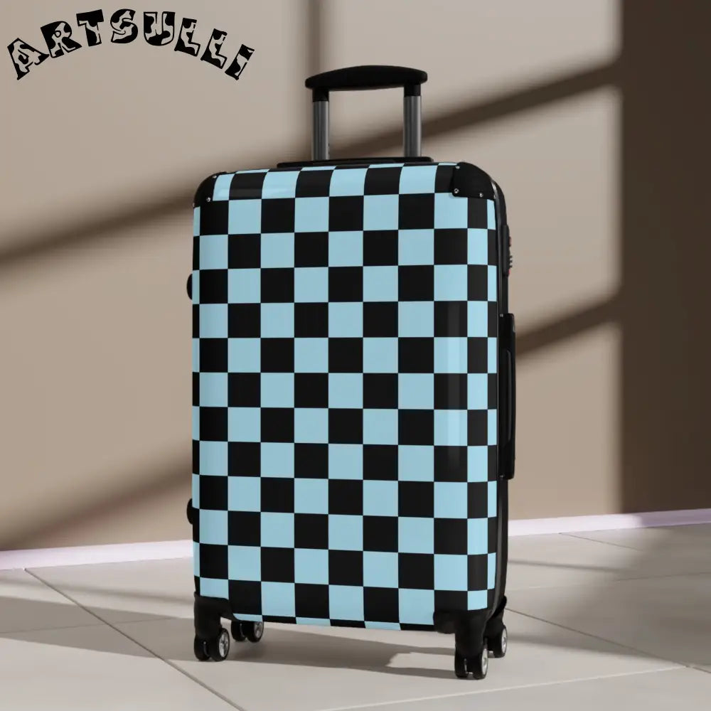 JAKKOUTTHEBXX Checkerboard Black and Blue Suitcase JAKKOUTTHEBXX