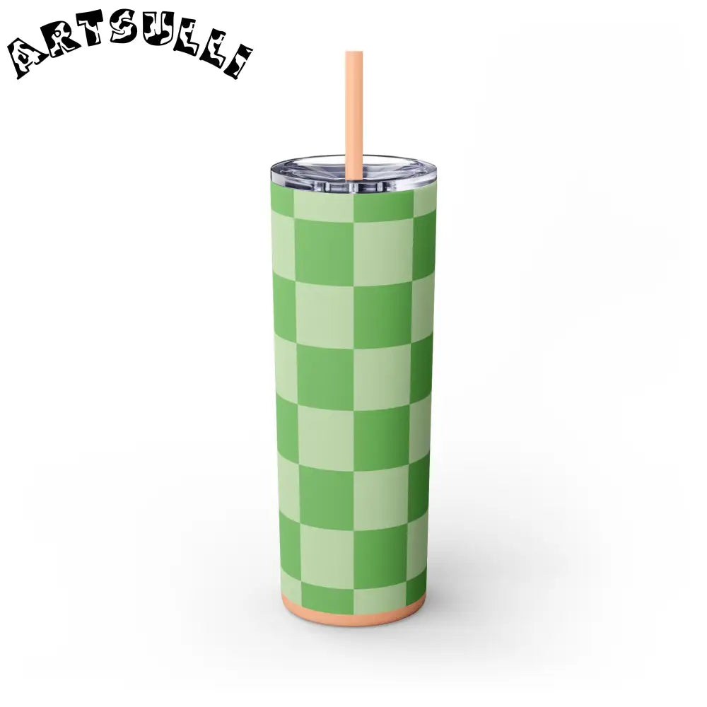 JAKKOUTTHEBXX Checkerboard Green Skinny Tumbler with Straw 20oz