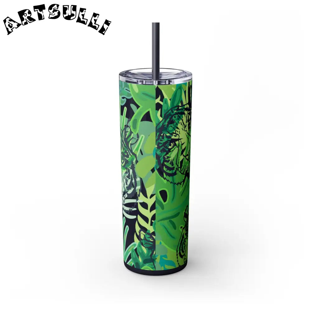 JAKKOUTTHEBXX Tropical Jungle Tigers Green Skinny Tumbler with Straw